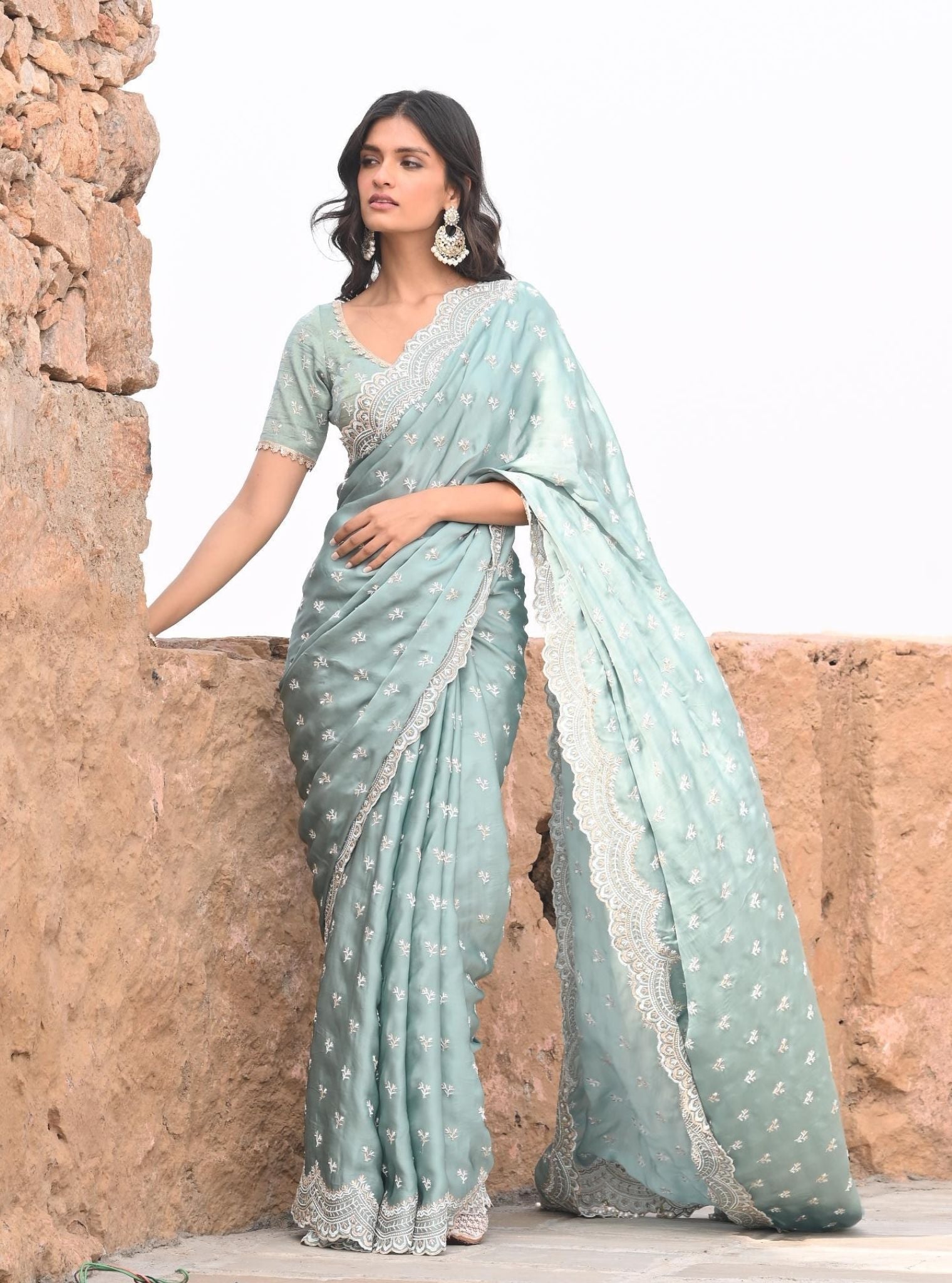 Mulmul Organza Satin Bindiya Teal Blue Saree