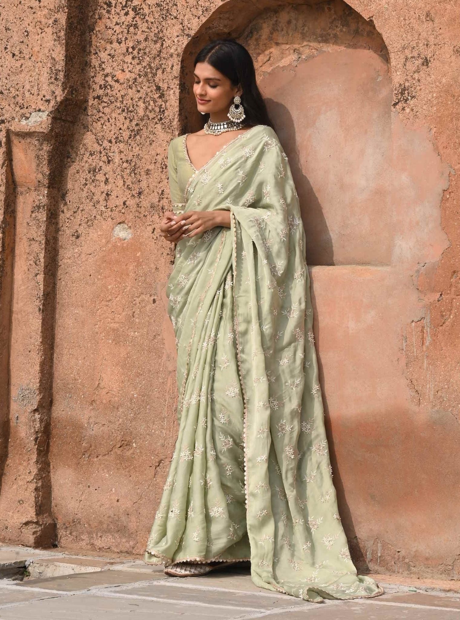 Mulmul Organza Satin Mitwa Sage Green Saree