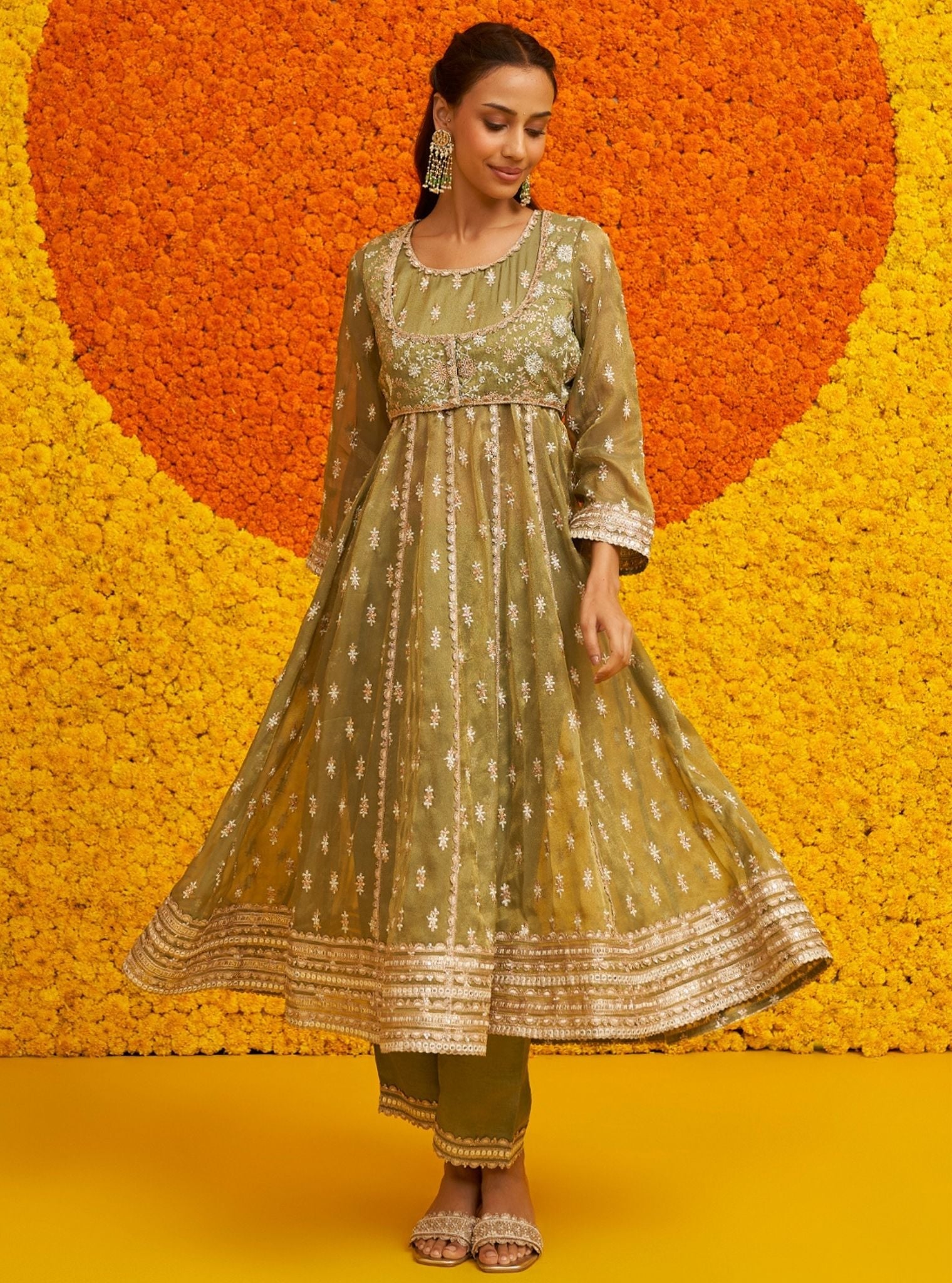 Mulmul Royal Tissue Genda Sage Green Anarkali Kurta With Mulmul Tissue Linen Satin Genda Sage Green Pant