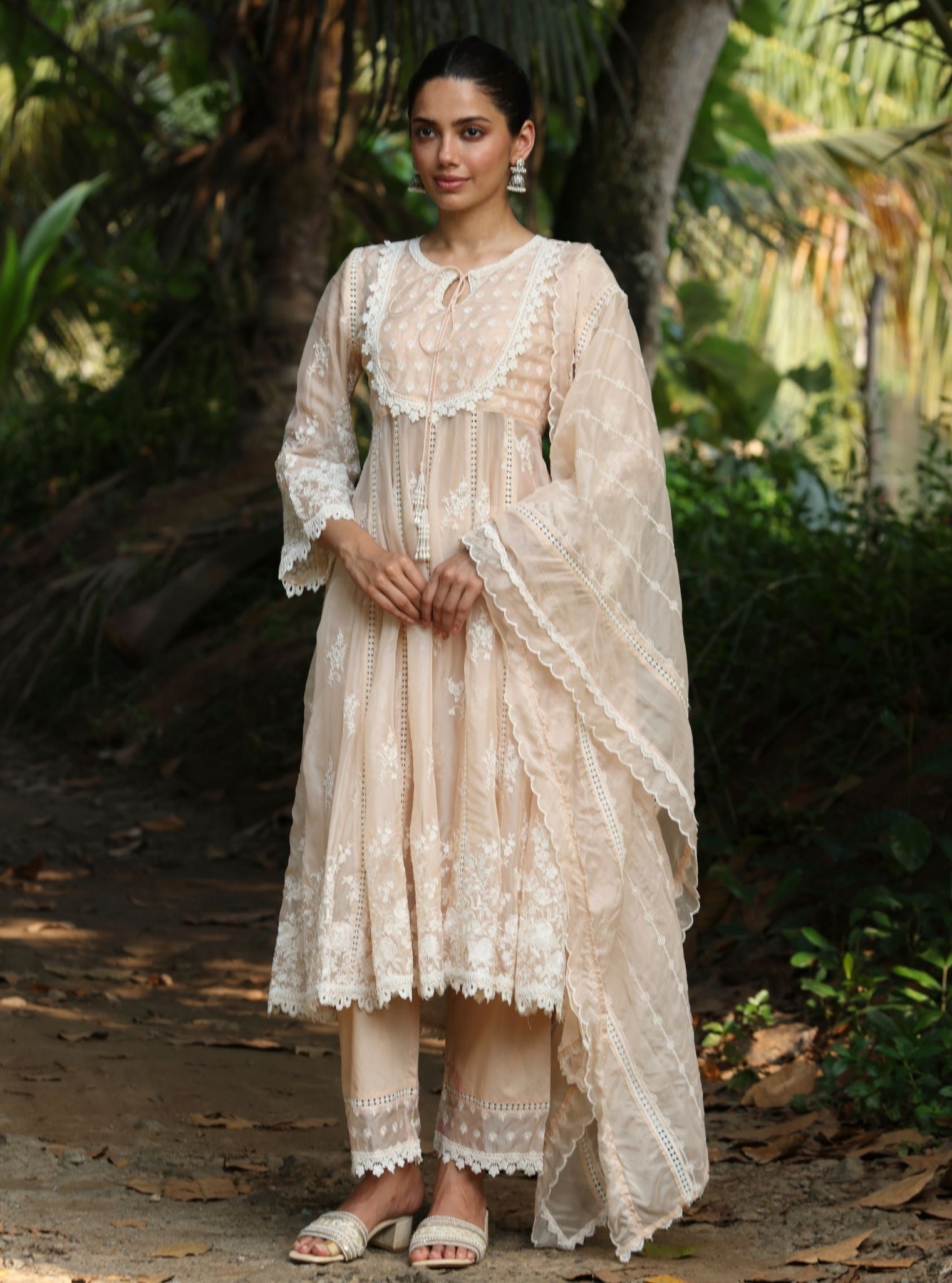 Mulmul Organza Neesa Beige Anarkali Kurta With Mulmul Cotton Neesa Beige Pant