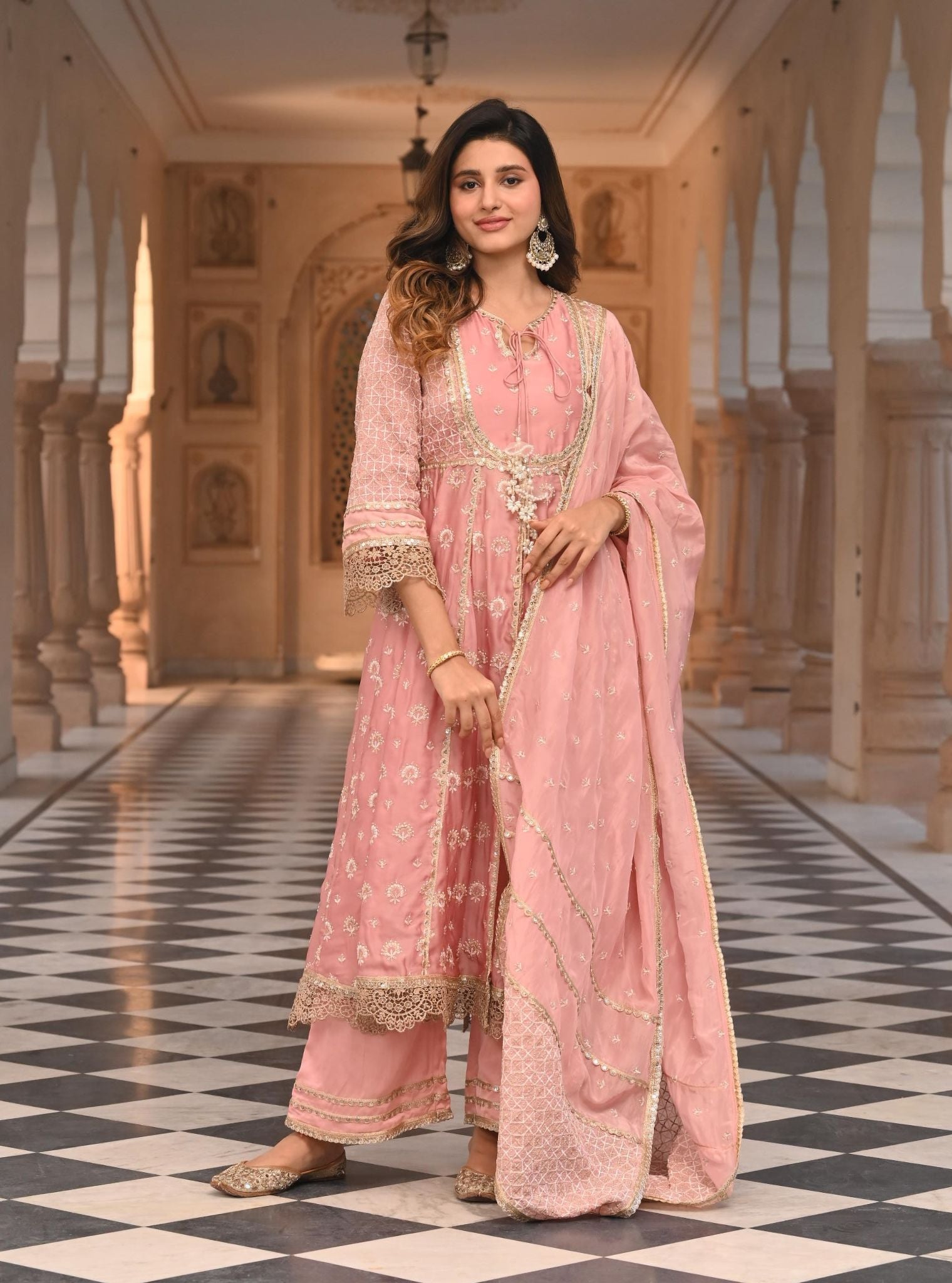 Mulmul Organza Satin Navrai Light Pink Anarkali Kurta with Mulmul Luxe Satin Navrai Light Pink Pant