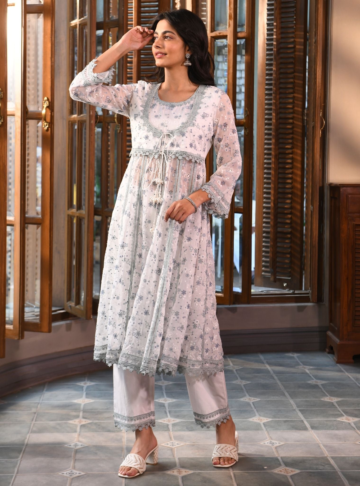 Mulmul Organza Elena White Kurta With Mulmul Cotton Elena White Pant