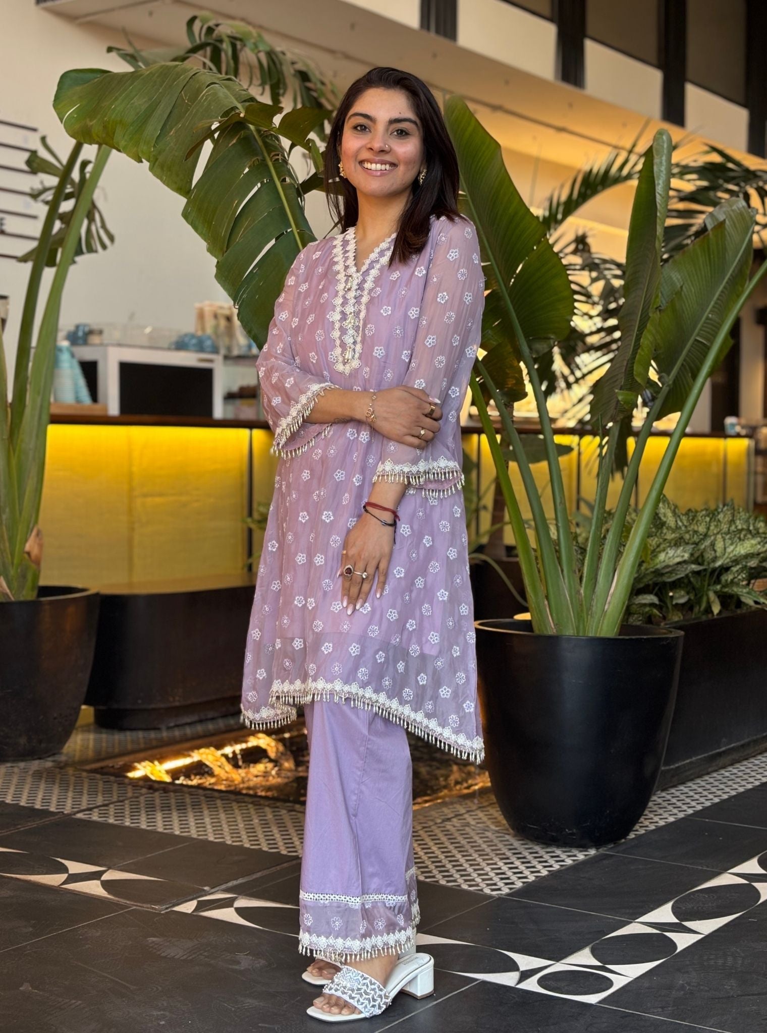 Mulmul Organza Hariette Lilac Kurta With Mulmul Cotton Hariette Lilac Pant