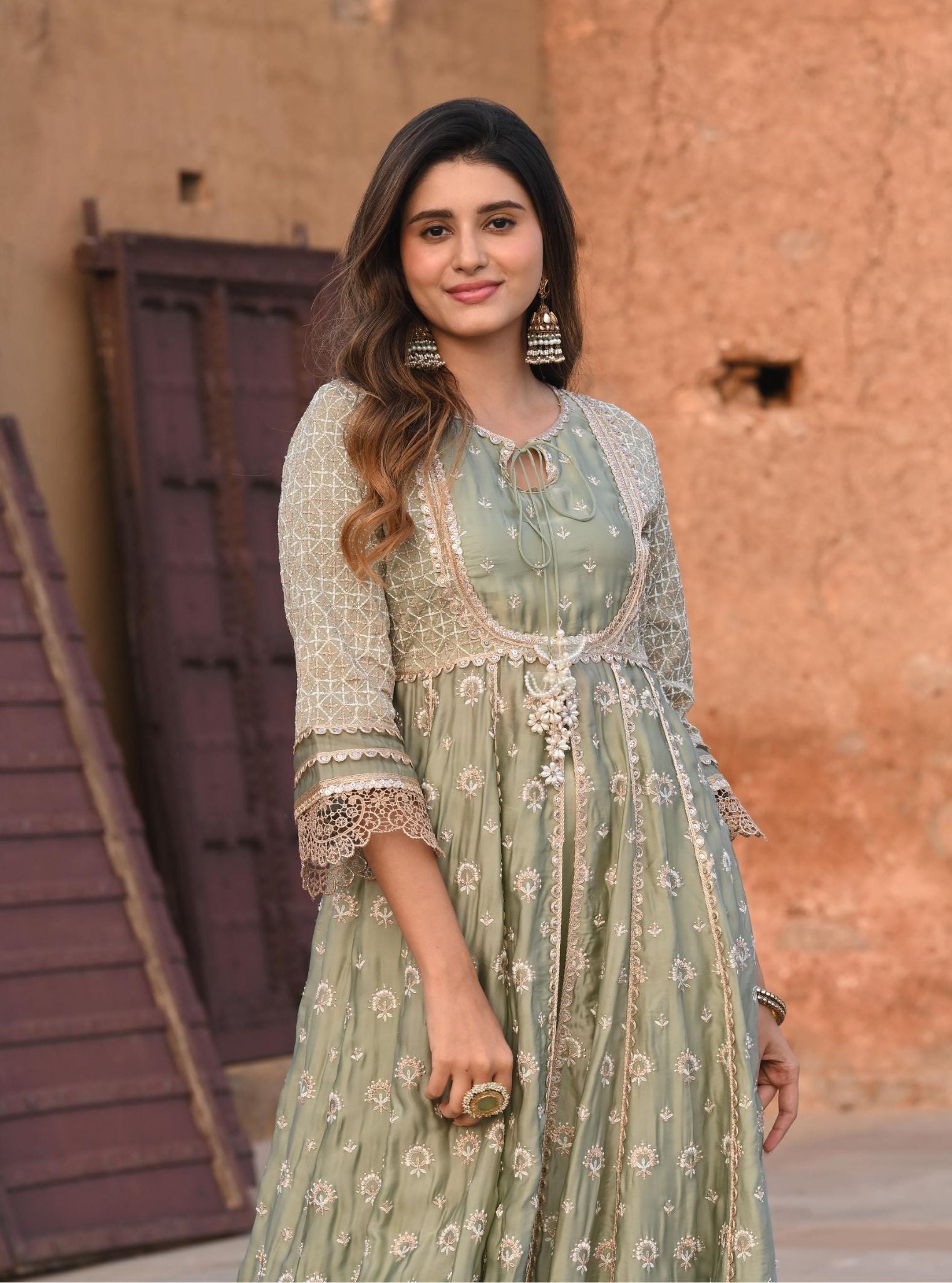 Mulmul Organza Satin Navrai Sage Green Anarkali Kurta with Mulmul Modal Satin Navrai Sage Green Pant