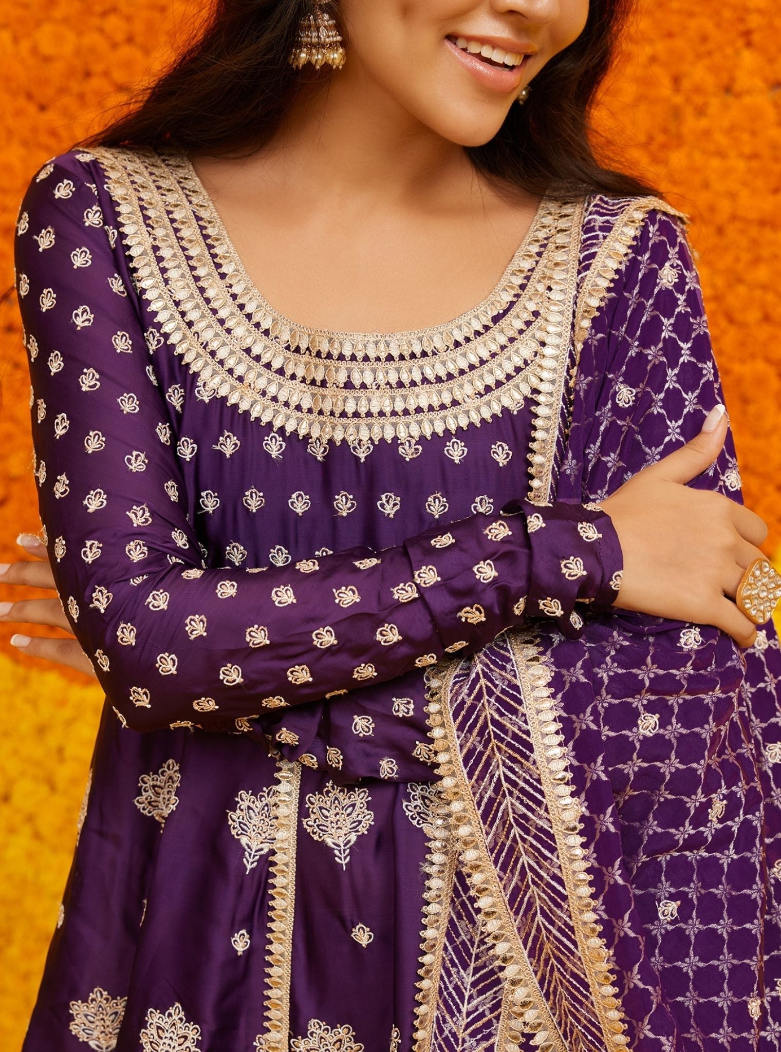 Mulmul Organza Satin Palki Purple Kurta With Mulmul Organza Satin Palki Puple Pant