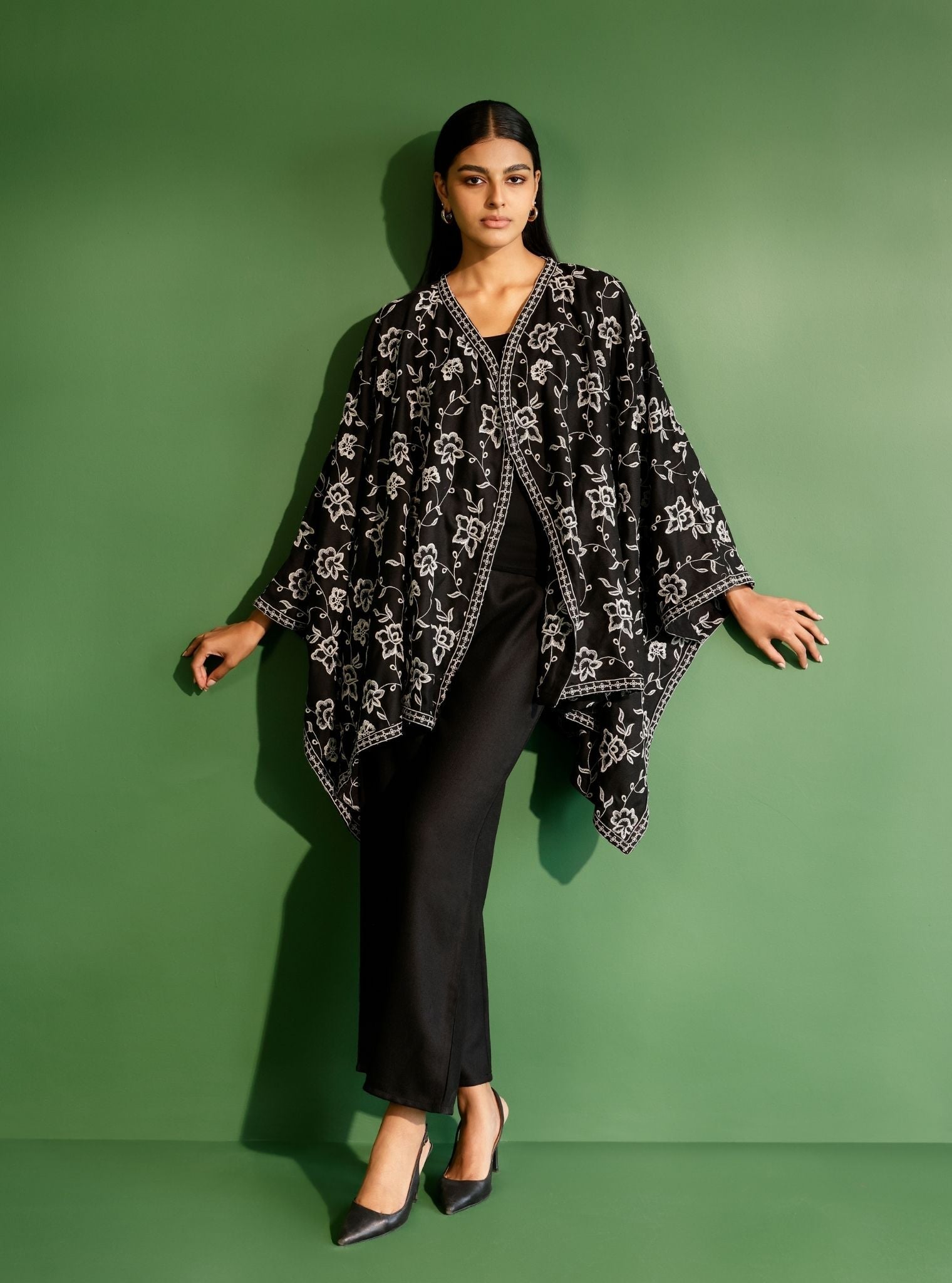 Mulmul Wool Fawn Black kaftan with Wool Fawn Black Pant