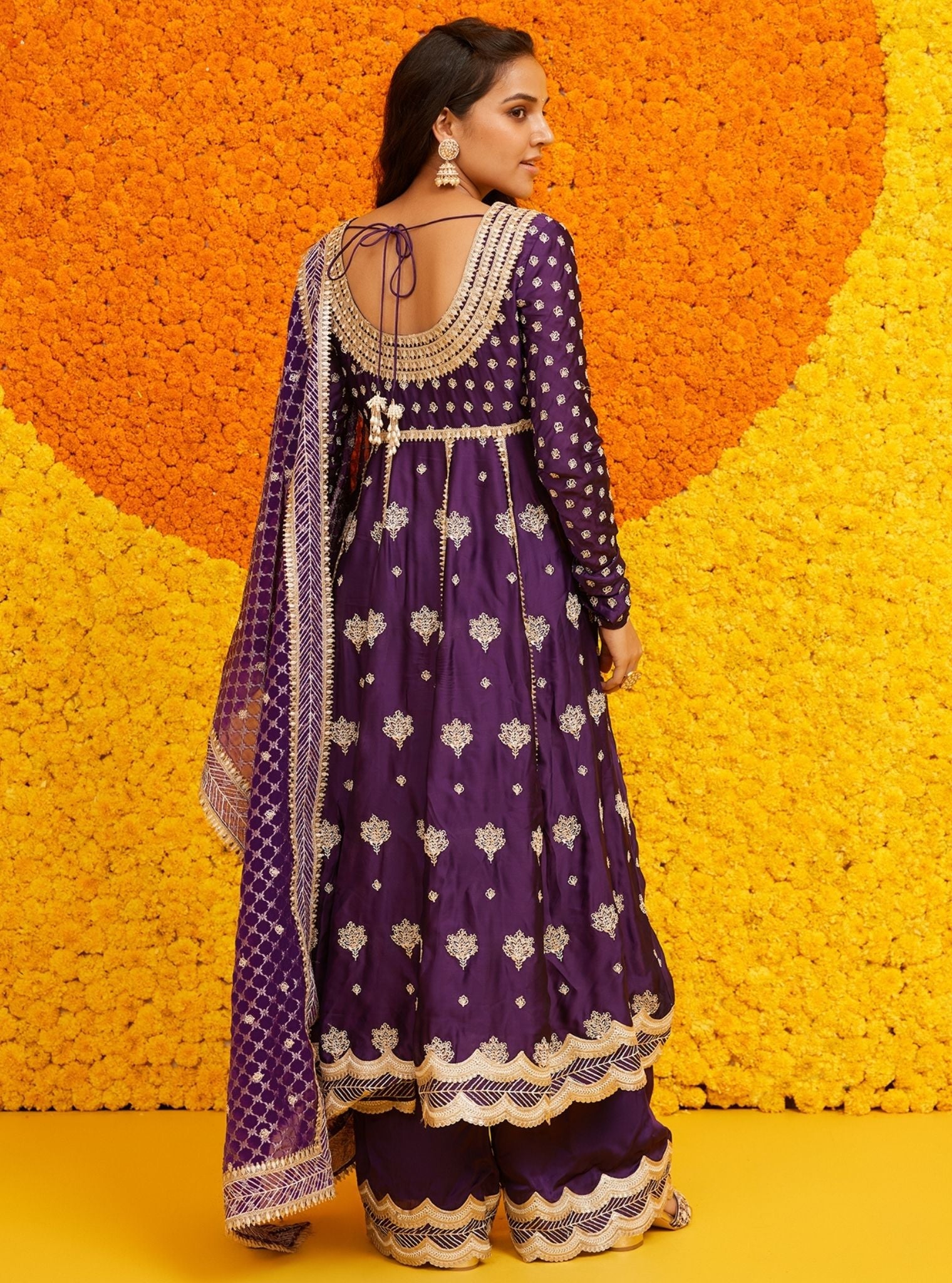 Mulmul Organza Satin Palki Purple Kurta With Mulmul Organza Satin Palki Puple Pant