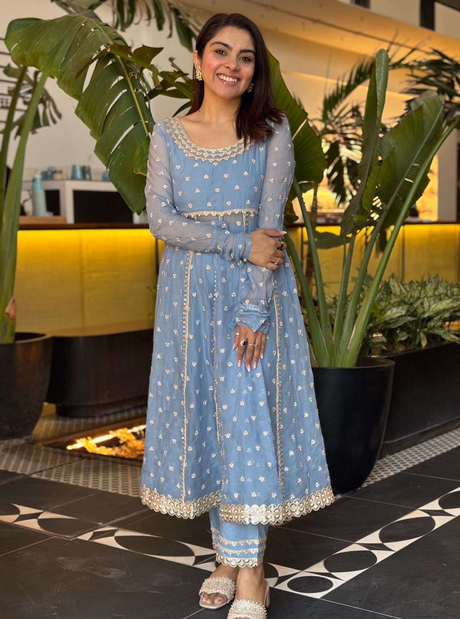 Mulmul Organza Yumi Light Blue Anarkali Kurta With Mulmul Cotton Yumi Light Blue Pant