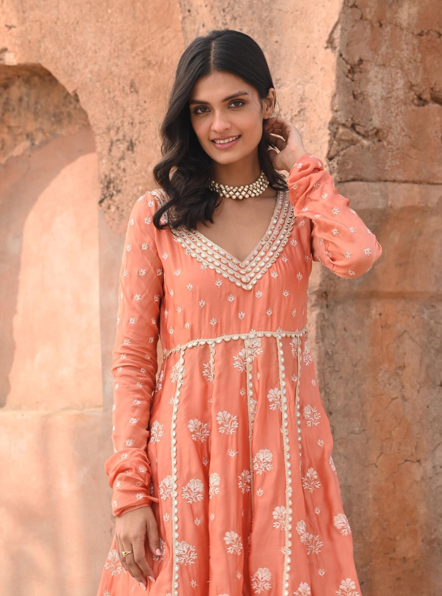 Mulmul Organza Satin Tareefan Burnt Orange Anarkali Kurta with Mulmul Modal Satin Tareefan Burnt Orange Pant