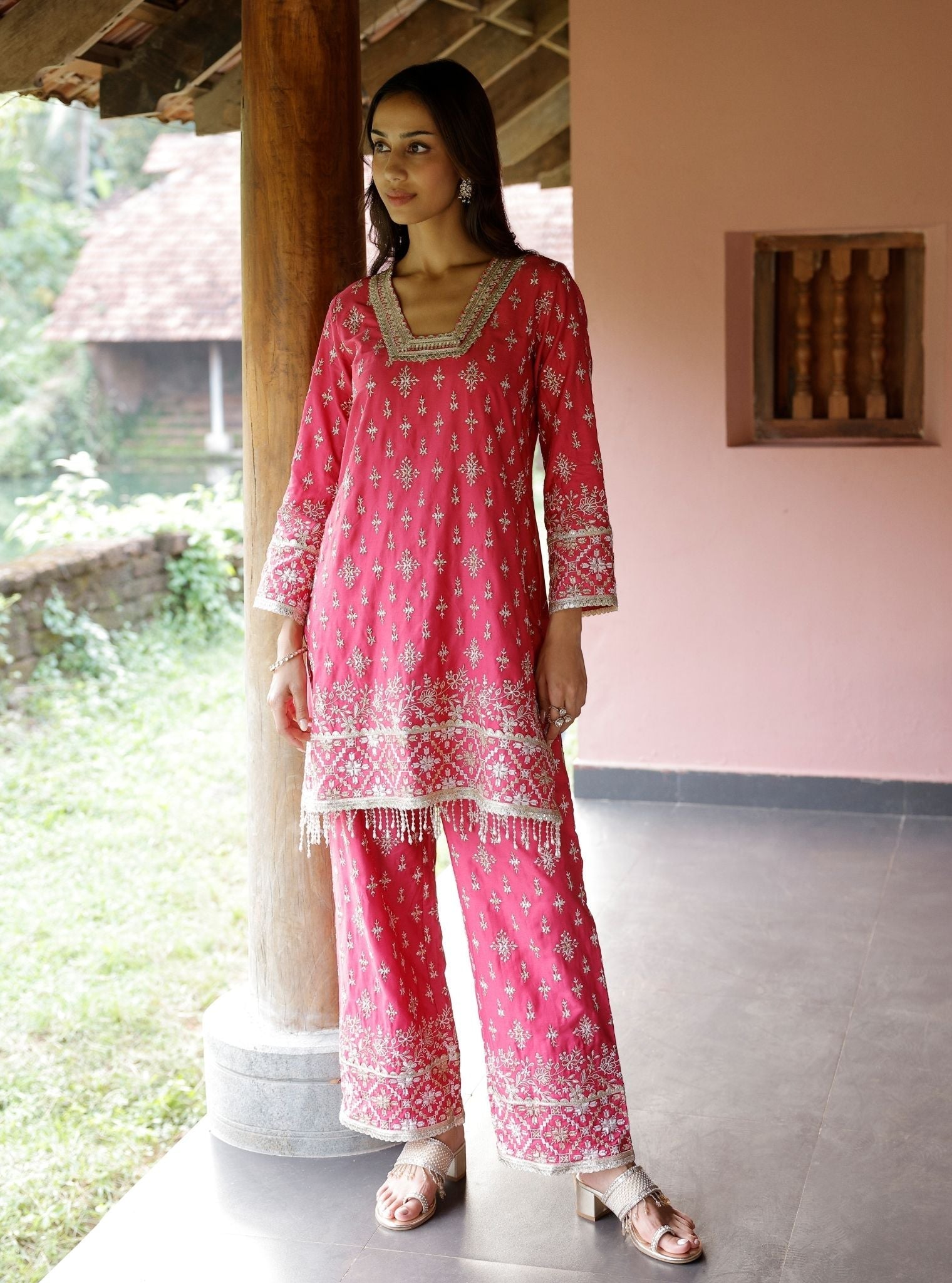 Mulmul Pima Satin Kalander Fuchsia Kurta With Mulmul Pima Satin Kalander Fuchsia Pant