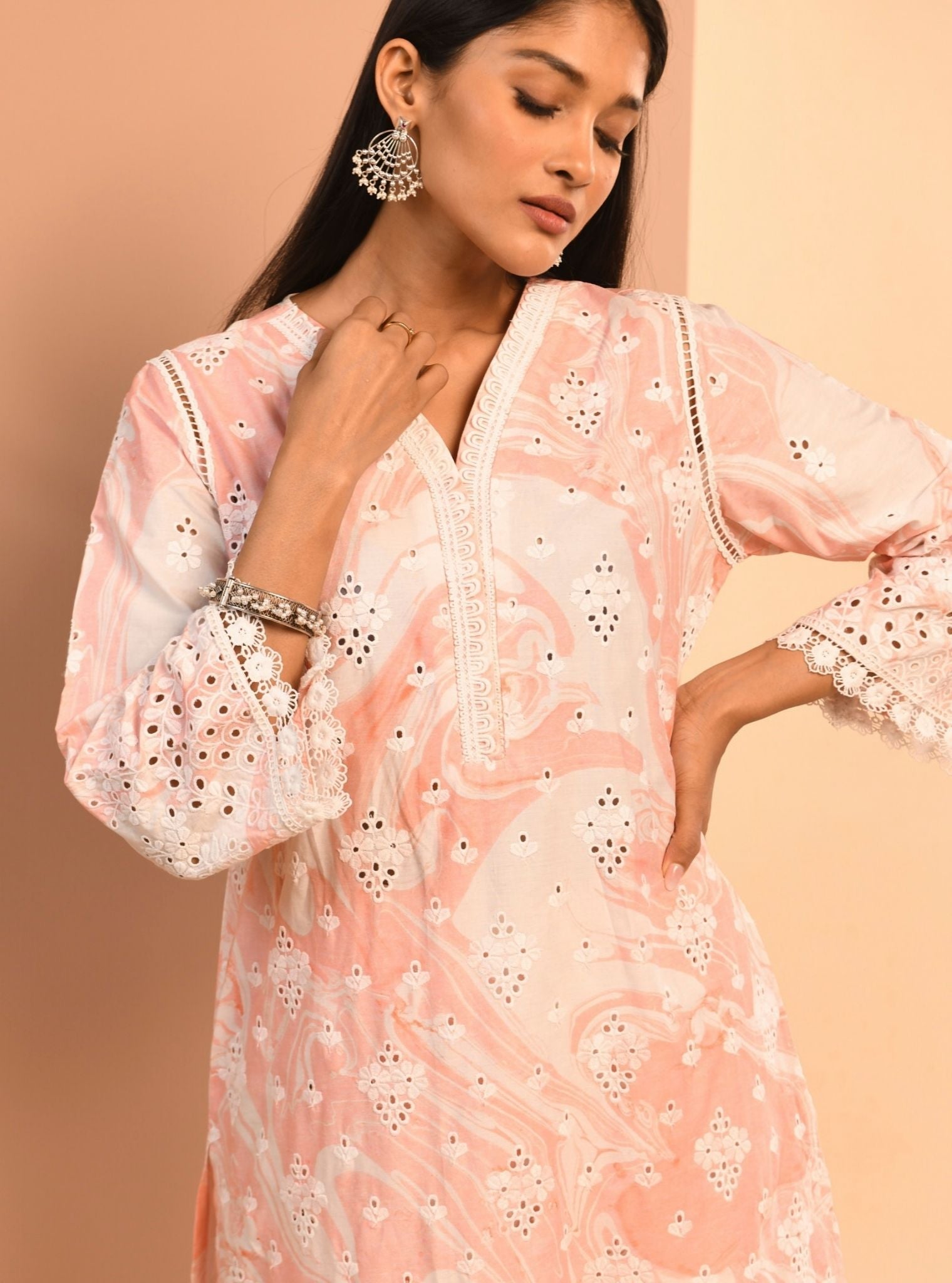 Mulmul Cotton Marble Opal Pink Kurta With Mulmul Opal Pink Pant