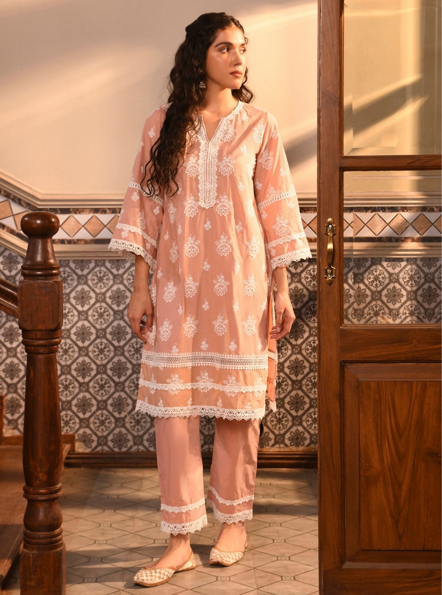 Mulmul Cotton Genia Peach Kurta With Mulmul Cotton Genia Peach Pant