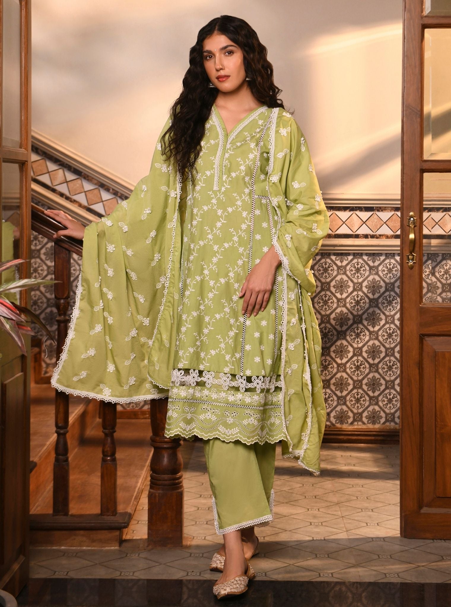 Mulmul Cotton Kiana Light Green Kurta With Mulmul Cotton Kiana Light Green Pant