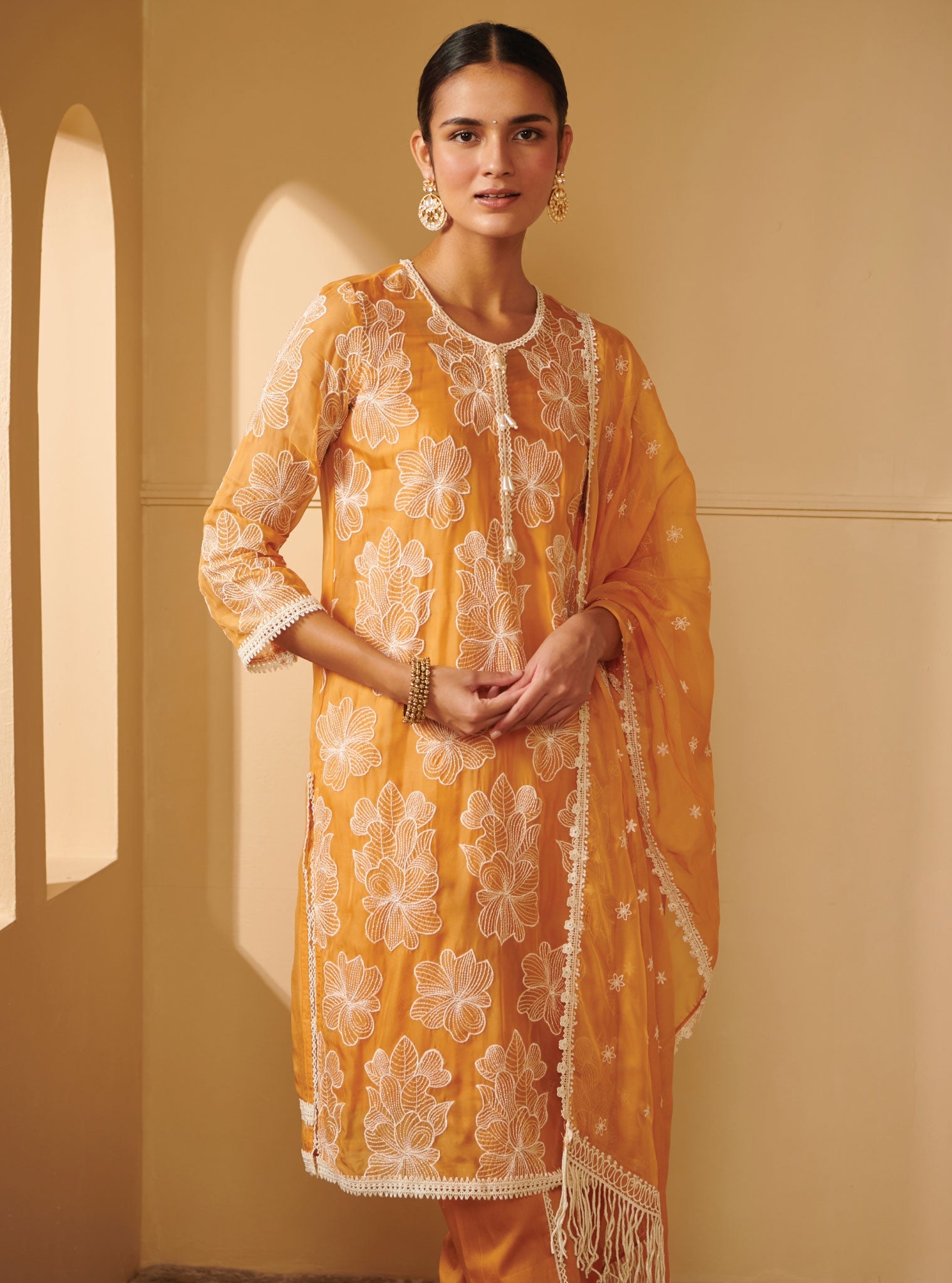 Mulmul Organza Sanemi Mango Kurta With Mulmul Pima Satin Sanemi Mango Dhoti Pant