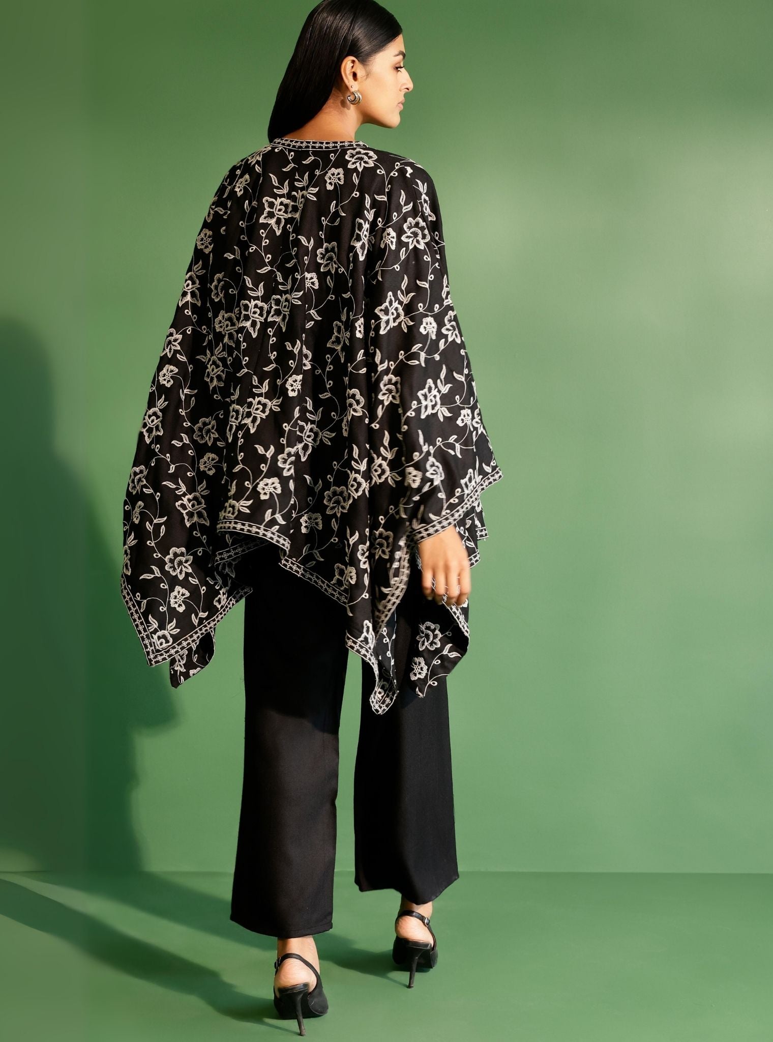 Mulmul Wool Fawn Black kaftan with Wool Fawn Black Pant