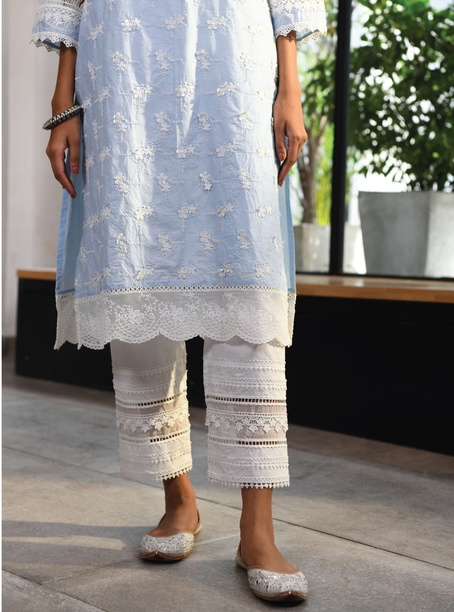 Mulmul Cotton Salisbury Blue Kurta With Multi Lace Slim White Pant