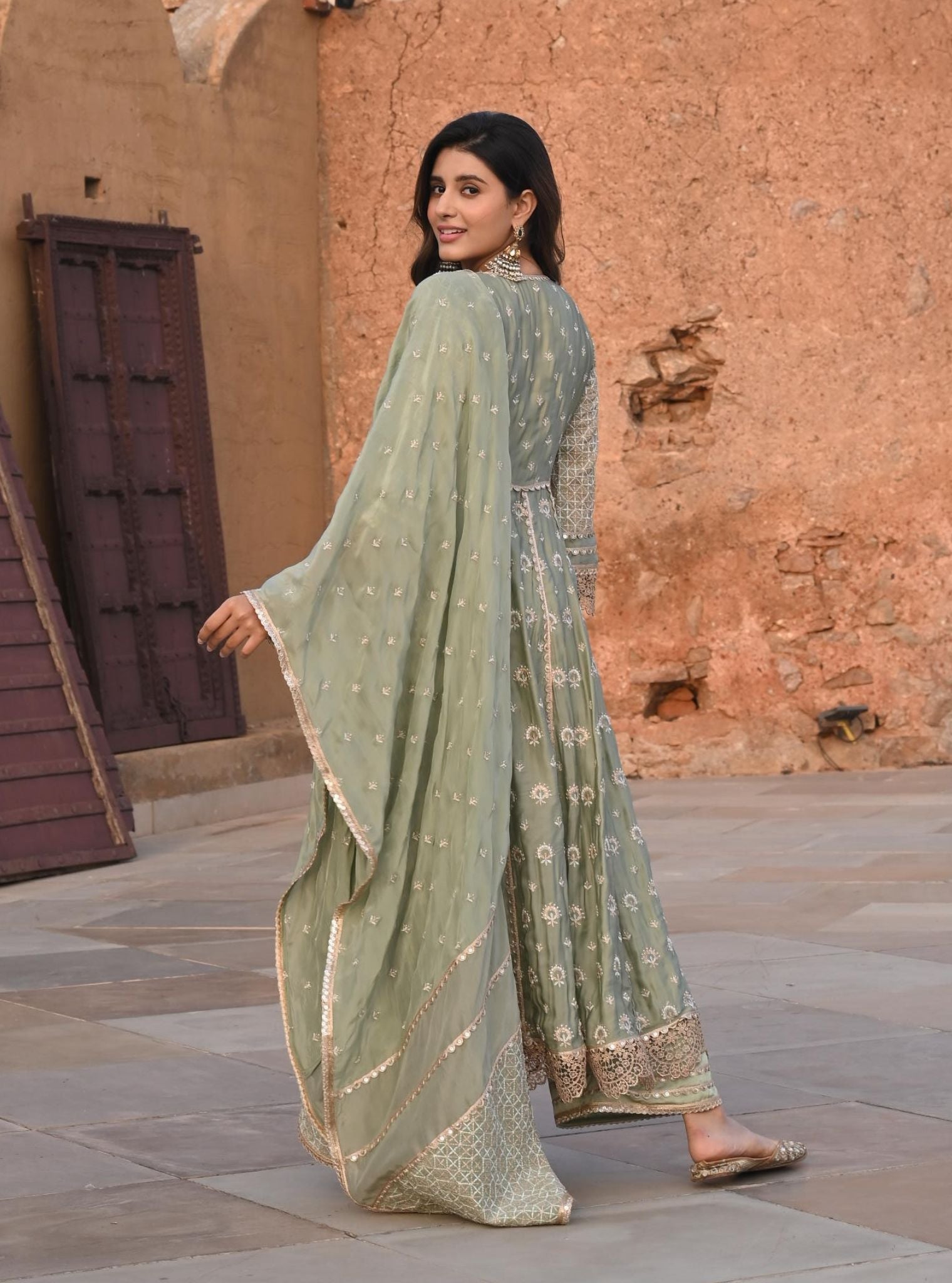 Mulmul Organza Satin Navrai Sage Green Anarkali Kurta with Mulmul Modal Satin Navrai Sage Green Pant