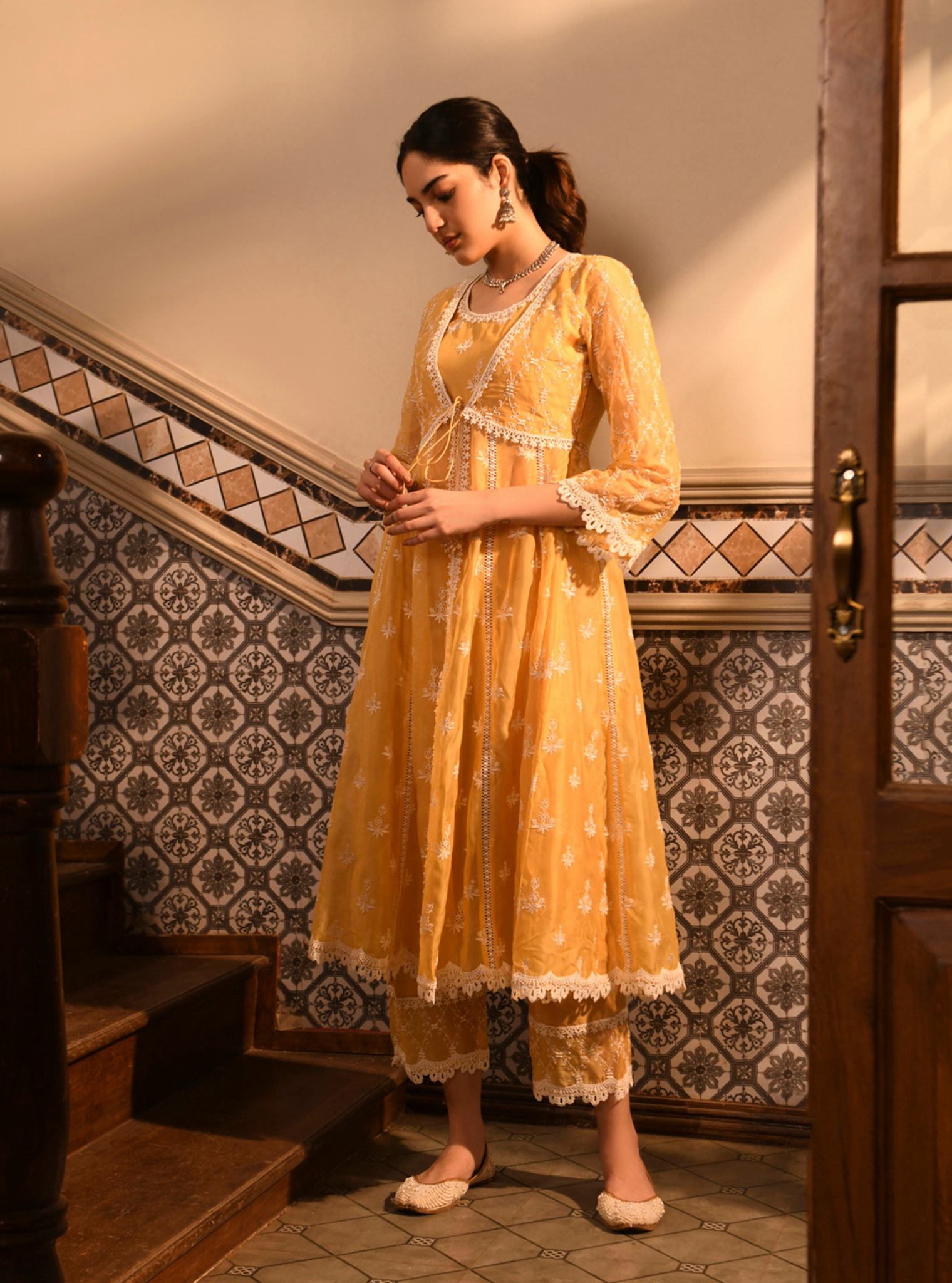 Mulmul Organza Nyla Yellow Kurta With Mulmul Cotton Nyla Yellow Pant