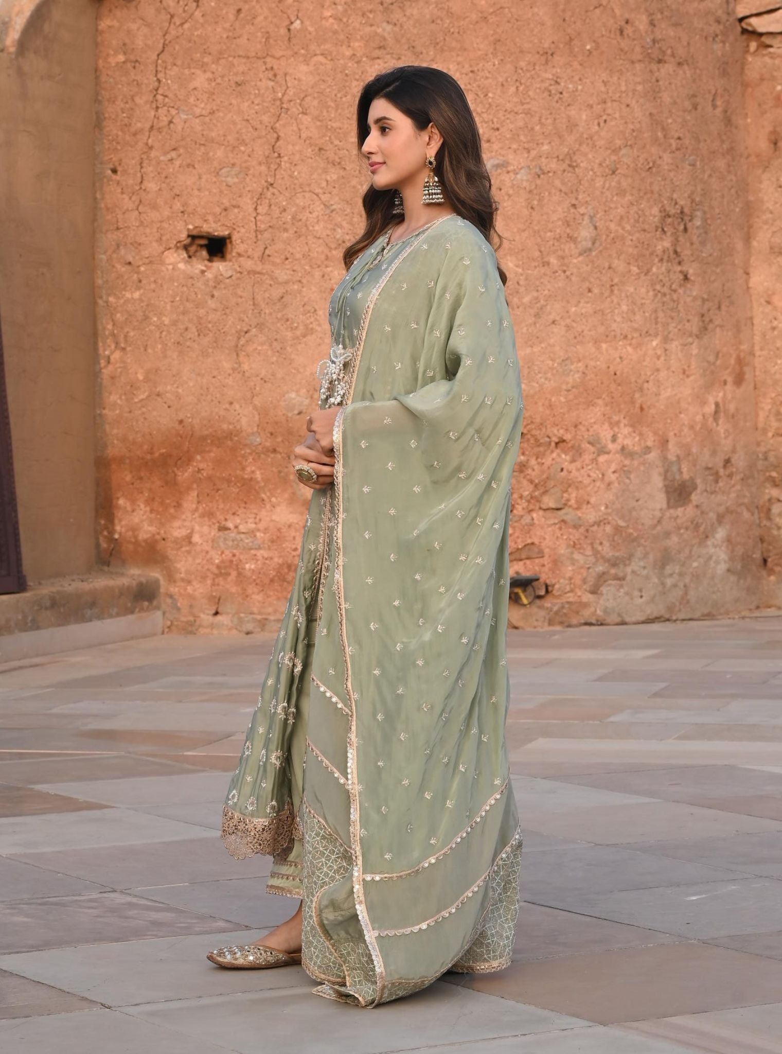 Mulmul Organza Satin Navrai Sage Green Anarkali Kurta with Mulmul Modal Satin Navrai Sage Green Pant