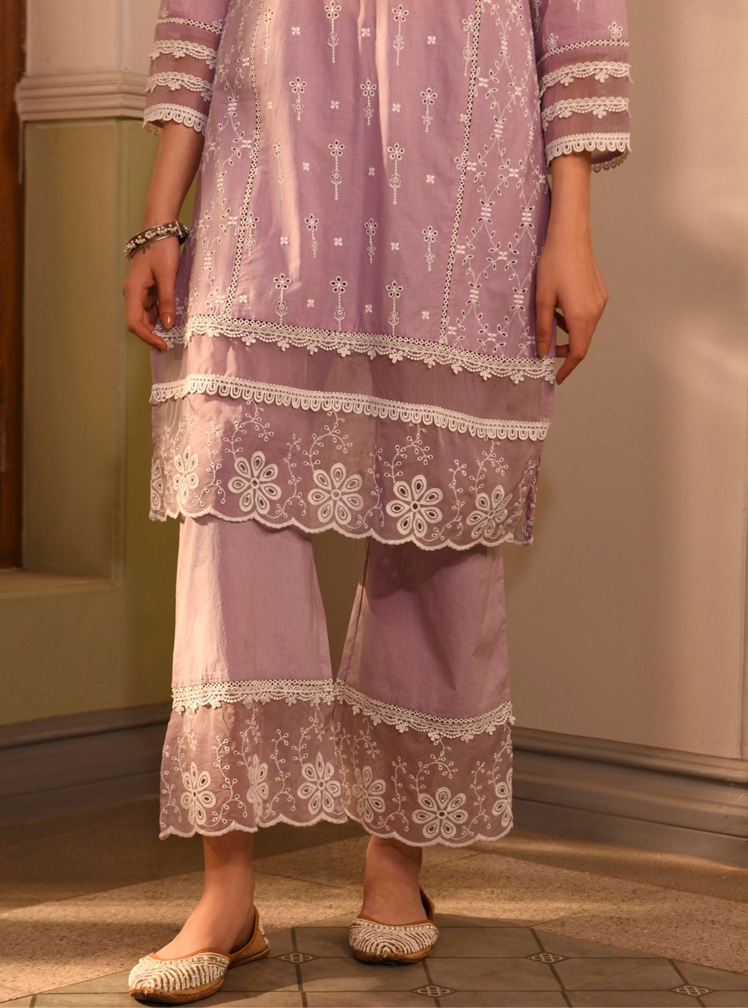 Mulmul Cotton Gulnar Lilac Kurta With Mulmul Cotton Gulnar Lilac Pant