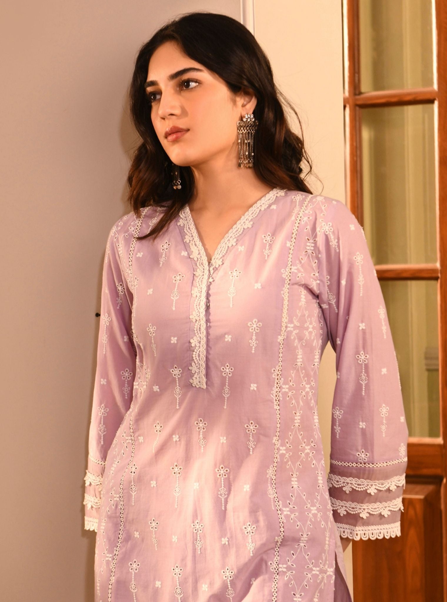 Mulmul Cotton Gulnar Lilac Kurta With Mulmul Cotton Gulnar Lilac Pant