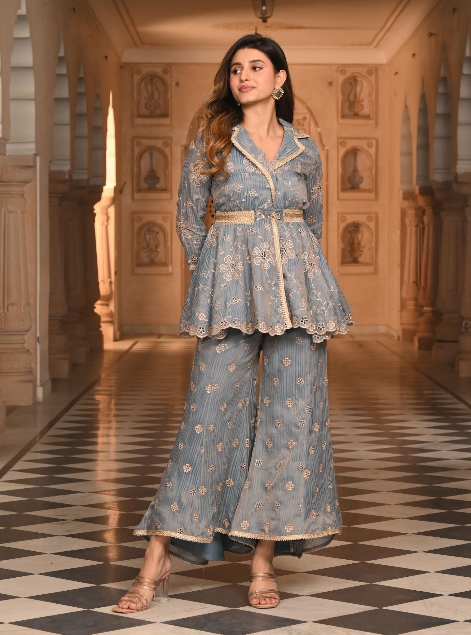 Mulmul Banarsi Chashni Blue Top with Mulmul Banarsi Chashni Blue Pant