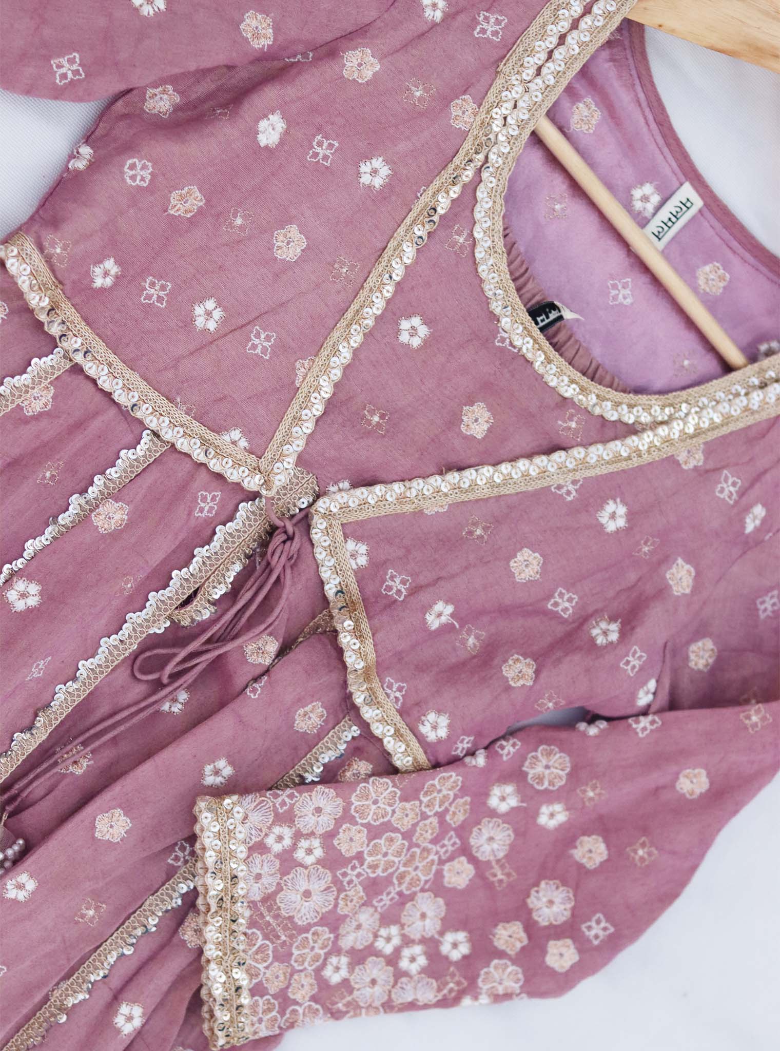 Mulmul Tissue Satin Sajeya Lilac Anarkali Kurta with Mulmul Luxe Tissue Satin Sajeya Lilac Dhoti Pant