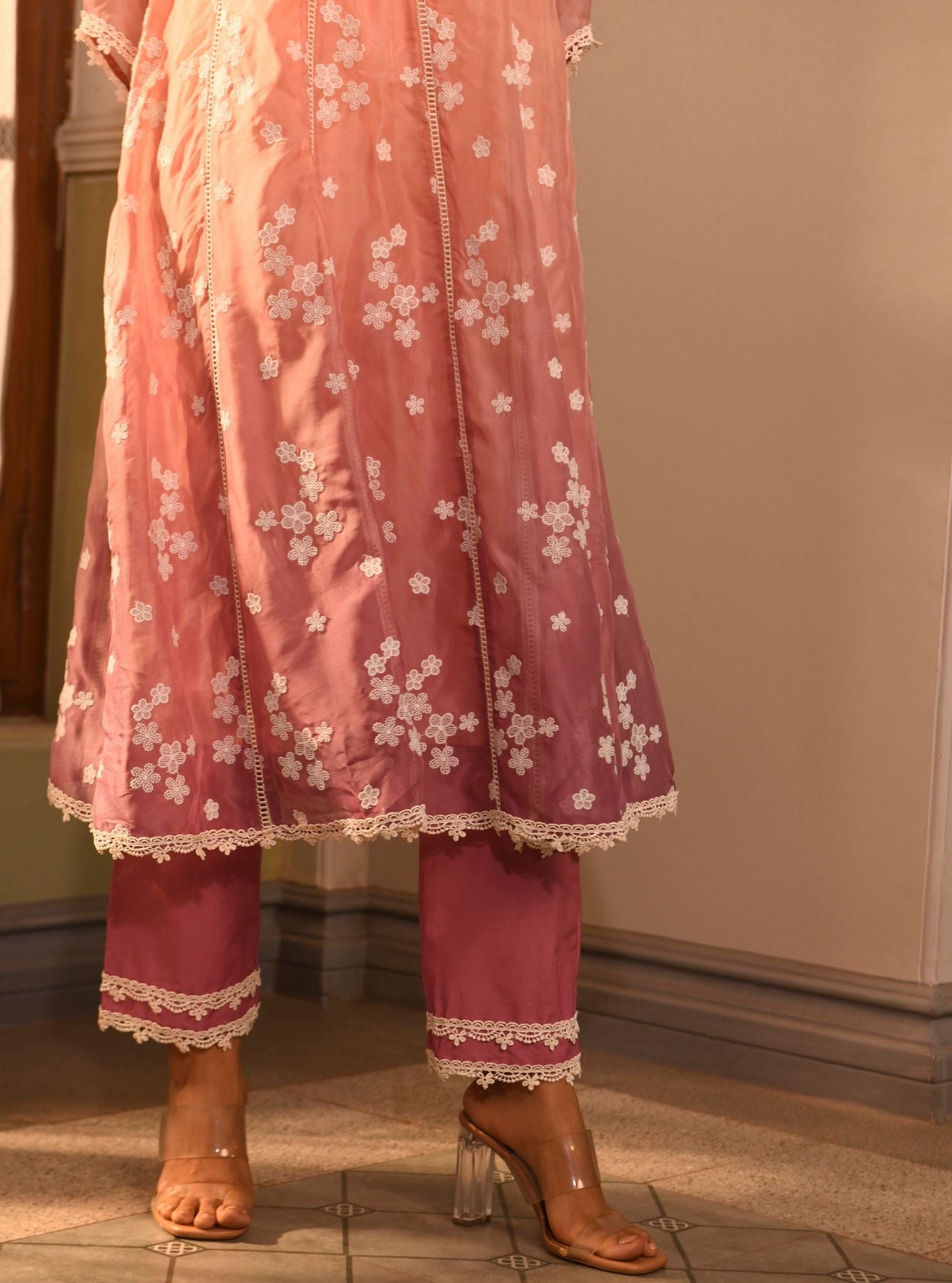 Mulmul Organza Aira Pink Anarkali  Kurta With Mulmul Cotton Aira Pink Pant