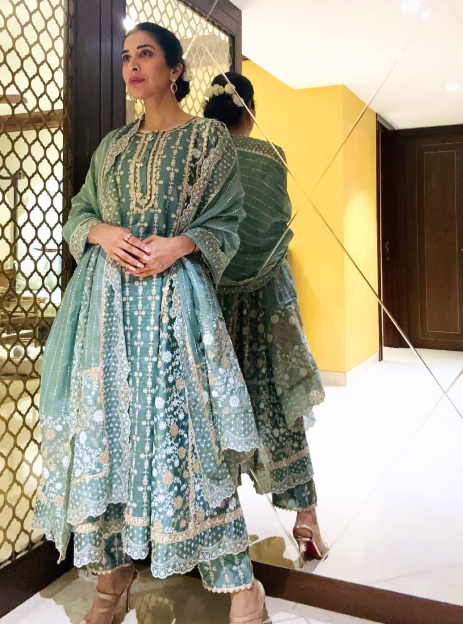 Mulmul Organza Satin Saathiya Teal Blue Kurta With Mulmul Pima Satin Saathiya Teal Blue Pant