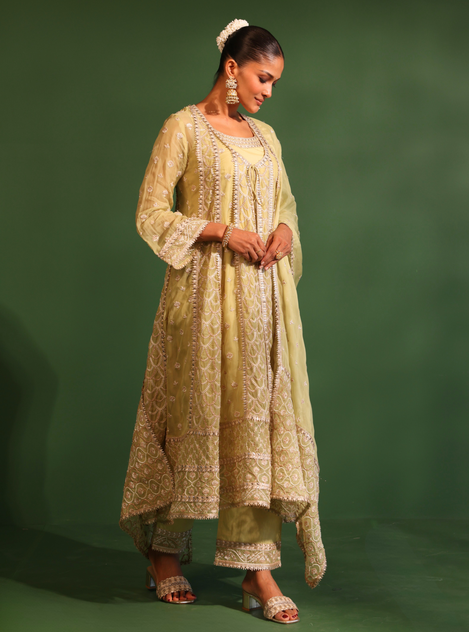 Mulmul Organza Dilruba Lime Green Anarkali Kurta With Mulmul Pima Satin Dilruba Lime Green Pant