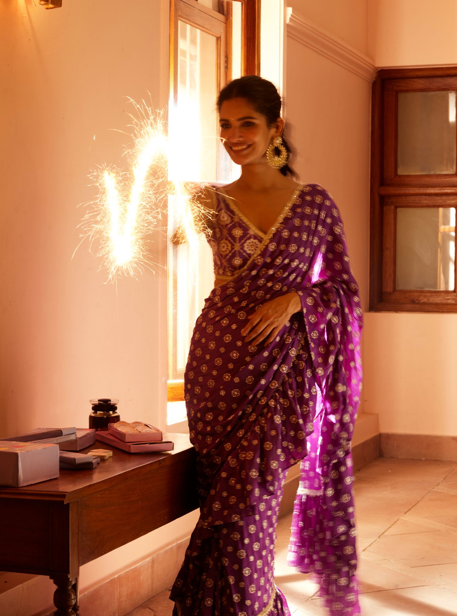 Mulmul Crepe Brahmi Pre-Stitched Purple Saree