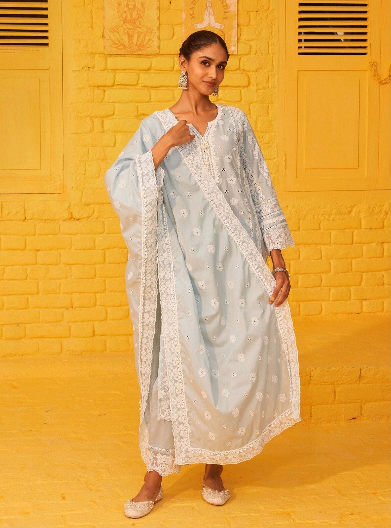 Mulmul Cotton Tamaya Light Blue Kurta With Mulmul Cotton Tamaya Light Blue Pant