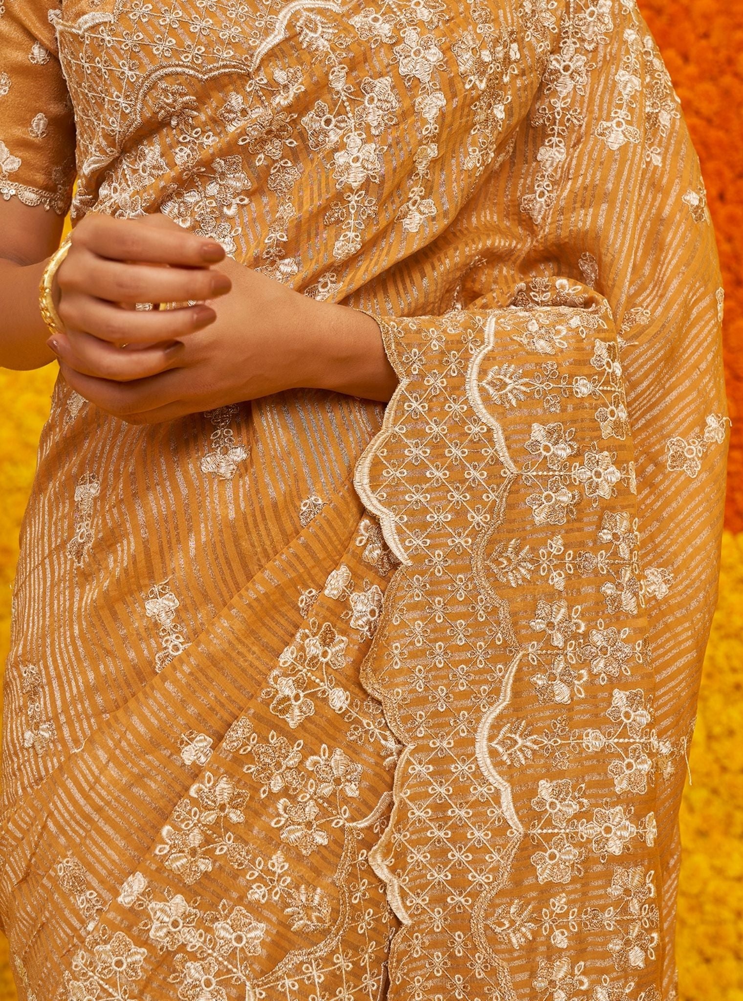 Mulmul Banarsi + Royal Tissue Khairiyat Mustard Saree