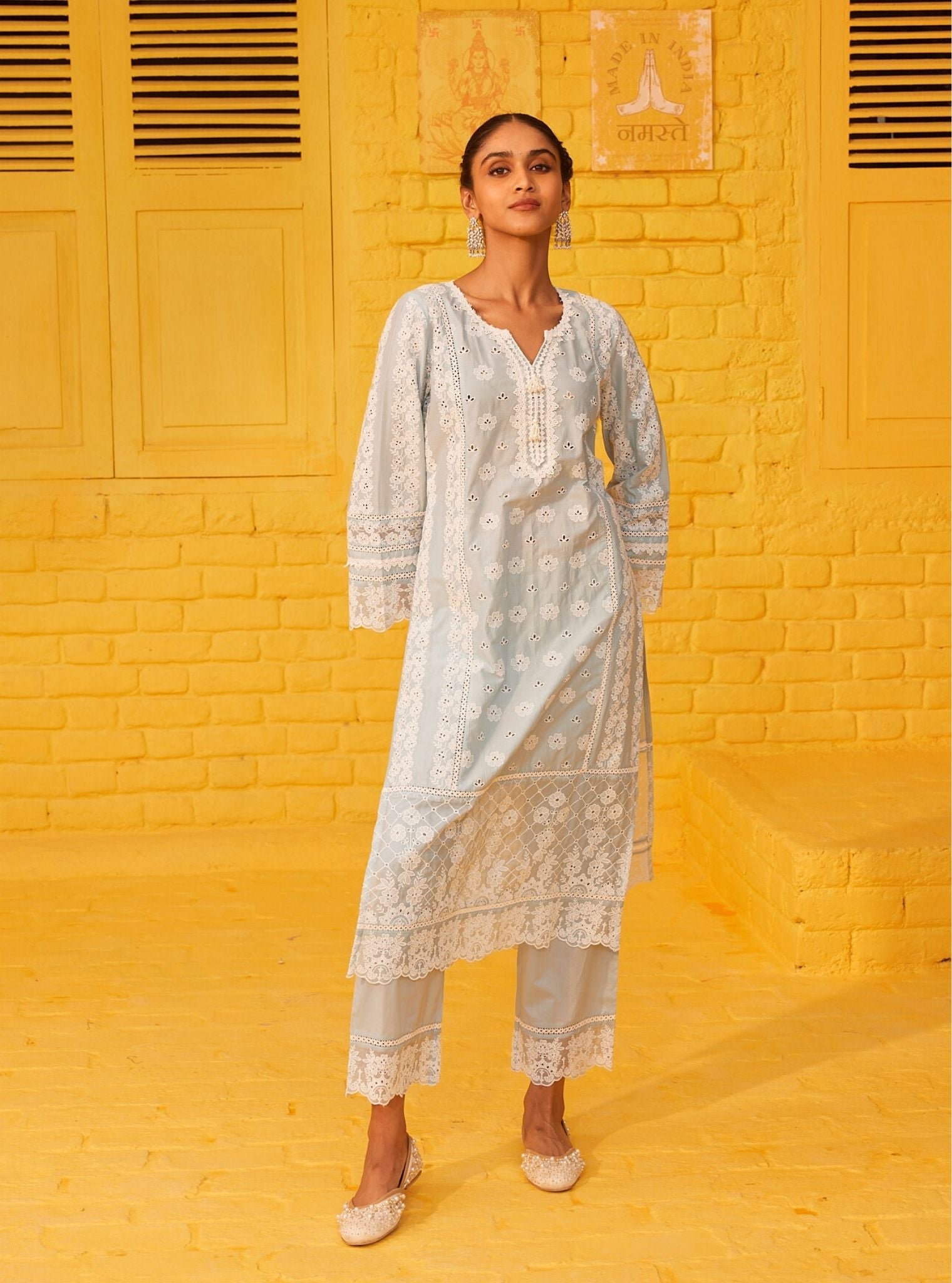 Mulmul Cotton Tamaya Light Blue Kurta With Mulmul Cotton Tamaya Light Blue Pant