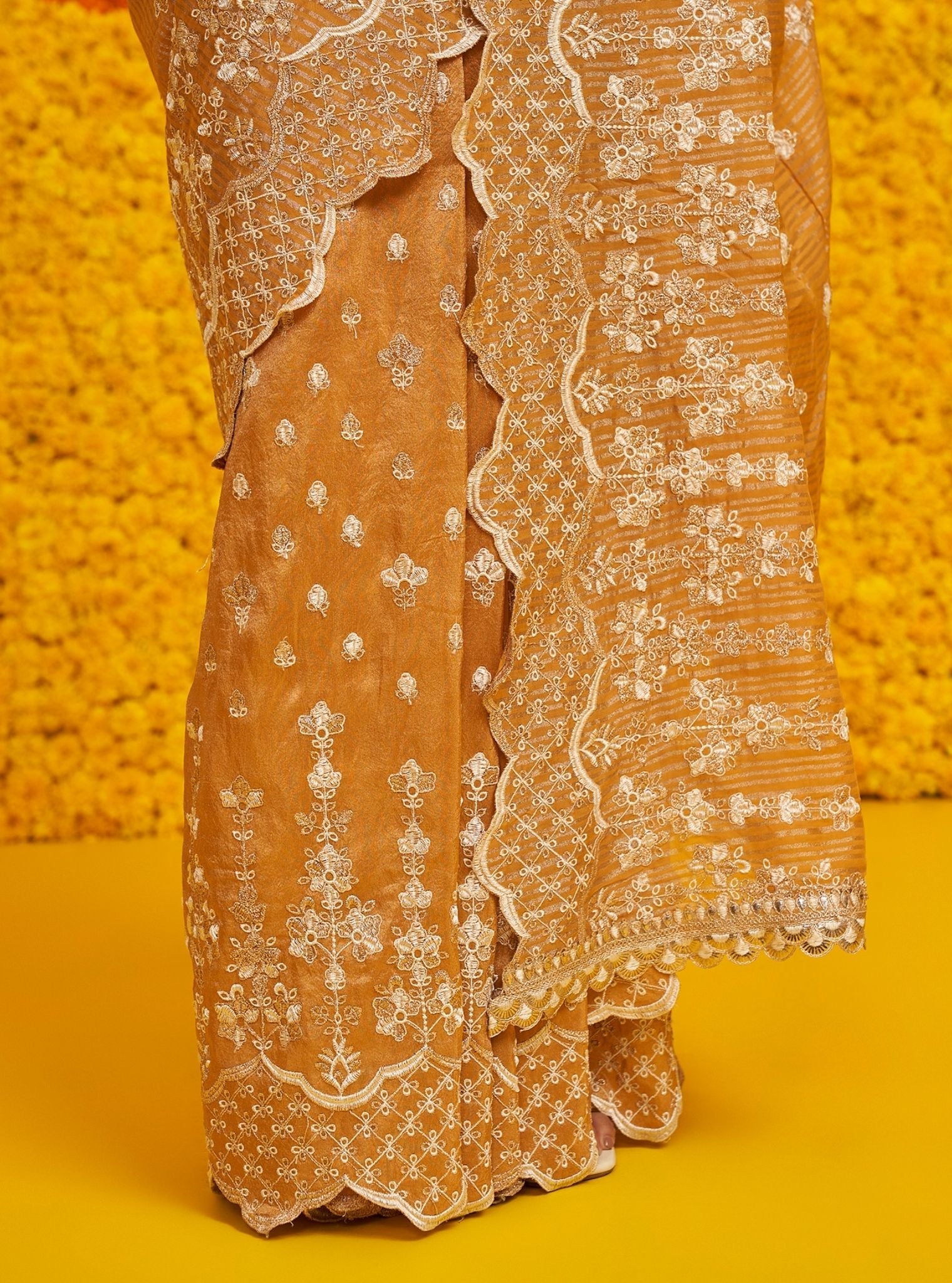 Mulmul Banarsi + Royal Tissue Khairiyat Mustard Saree