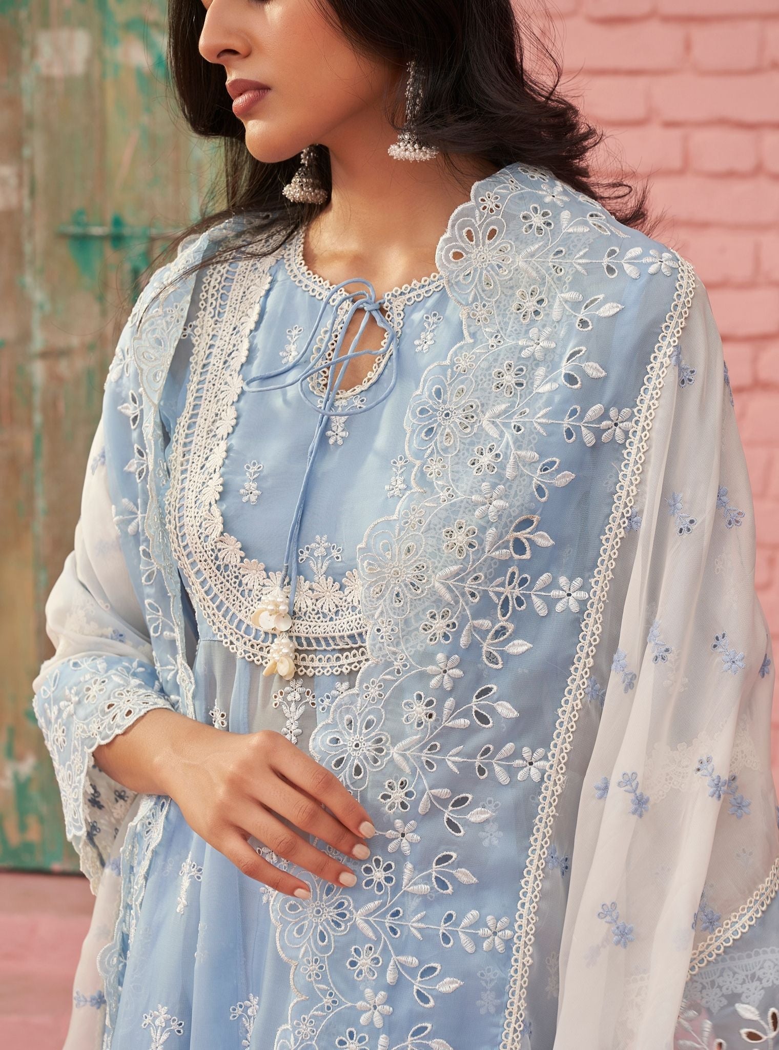 Mulmul Organza Sybil Blue Anarkali Kurta With Mulmul Cotton Sybil Blue Pant