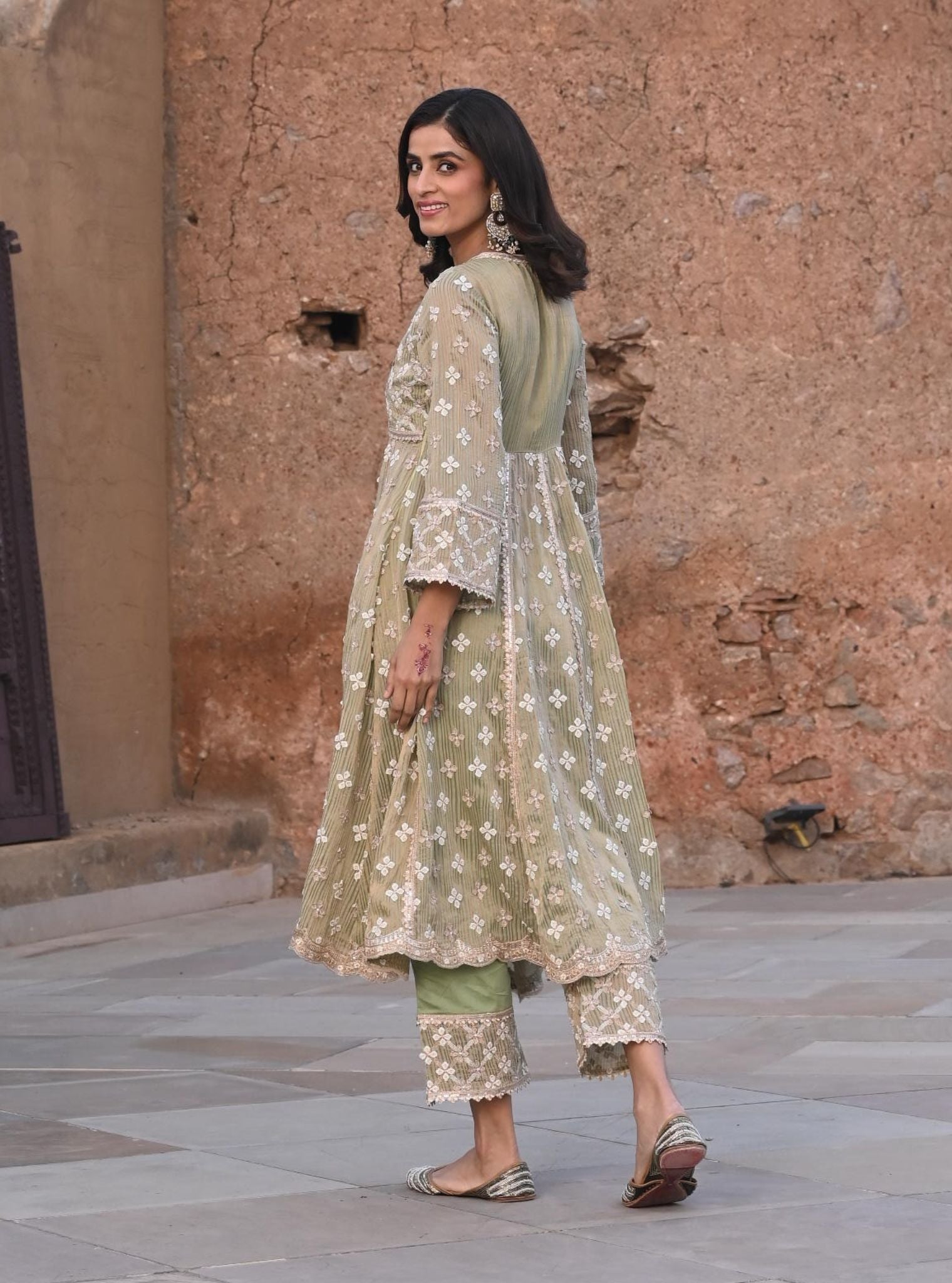 Mulmul Banarsi Bhumbro Green Anarkali Kurta with Mulmul Pima Satin Bhumbro Green Pant