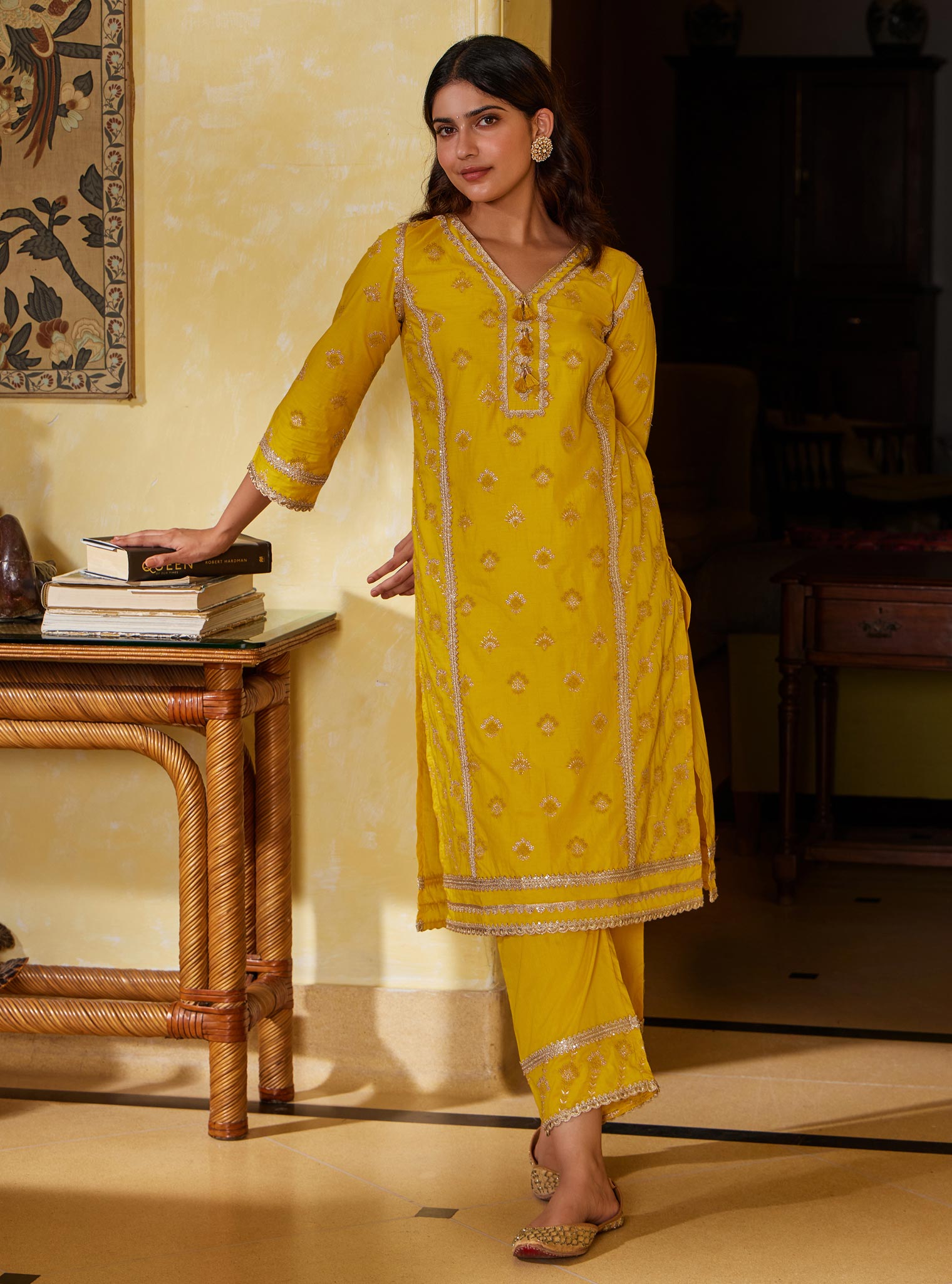 Mulmul Cotton Titli Yellow Kurta with Mulmul Cotton Titli Yellow Pant