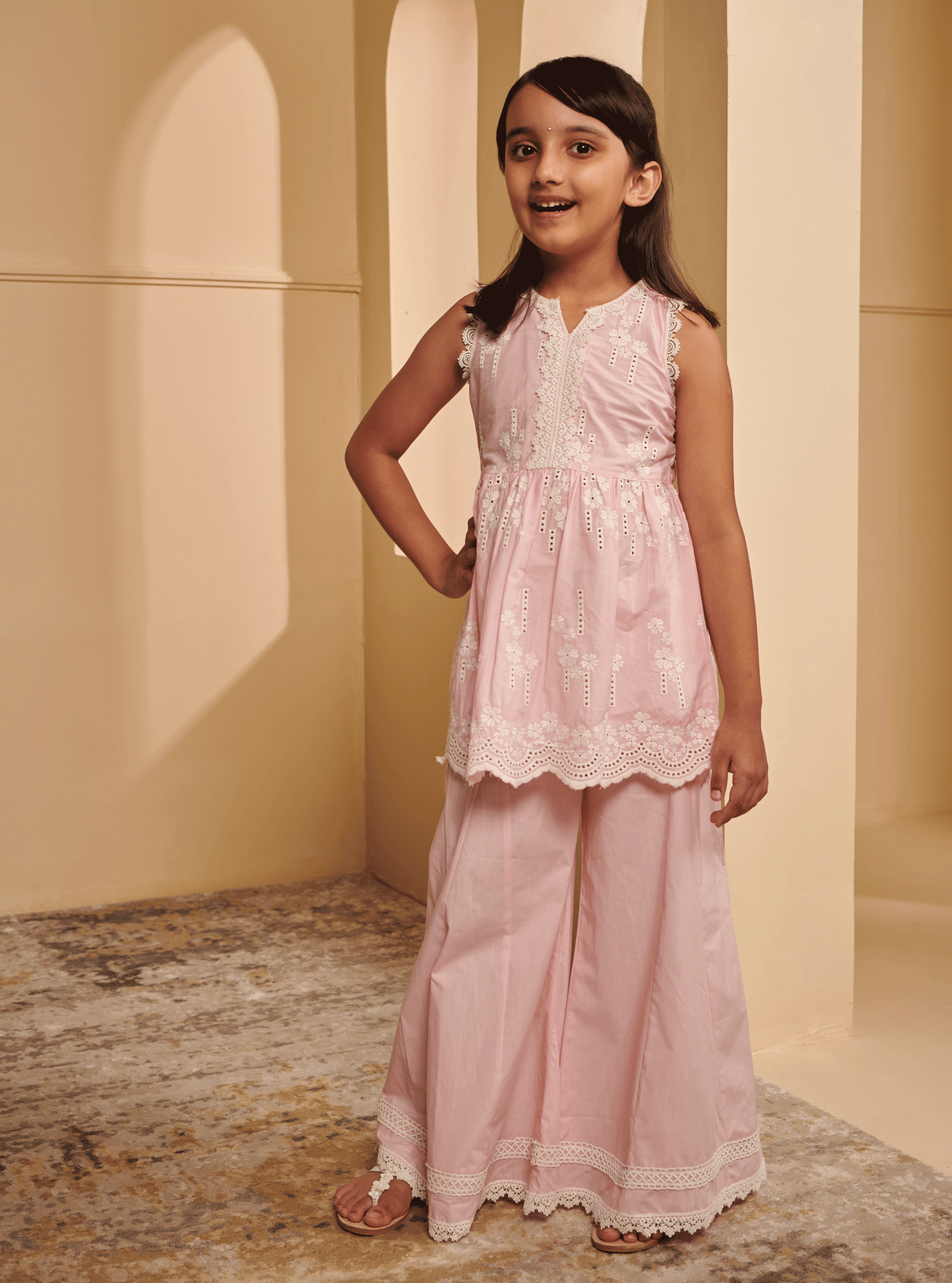 Mulmul Cotton Ming Pink Kurta With Ming Pink Sharara