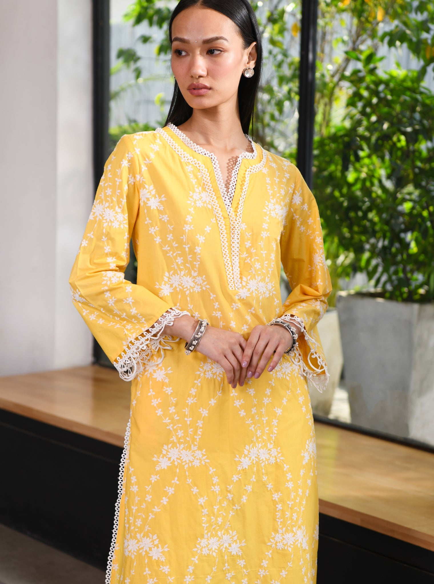 Mulmul Cotton Arki Yellow Kurta With Cotton Satari White Pant