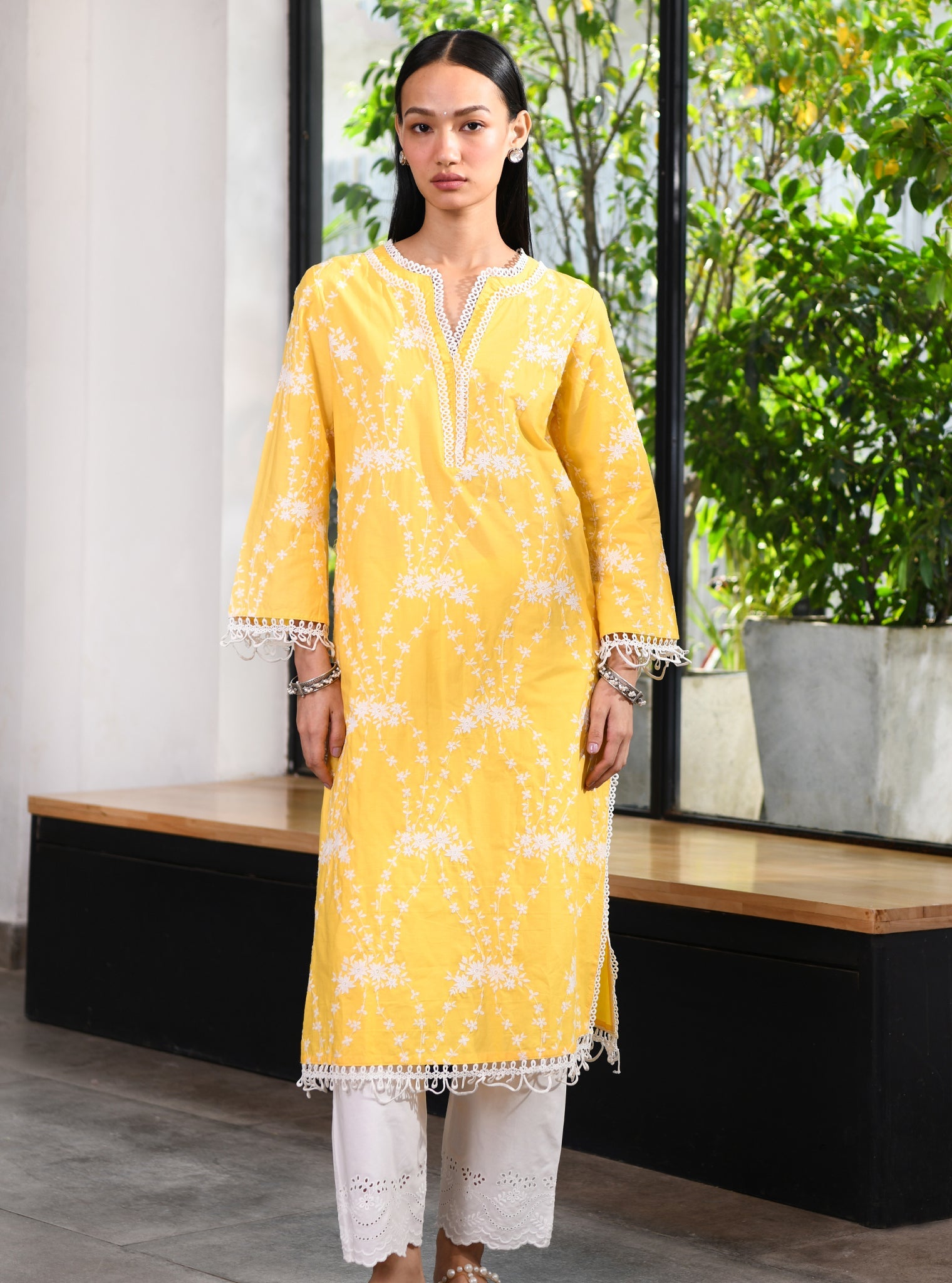 Mulmul Cotton Arki Yellow Kurta With Cotton Satari White Pant