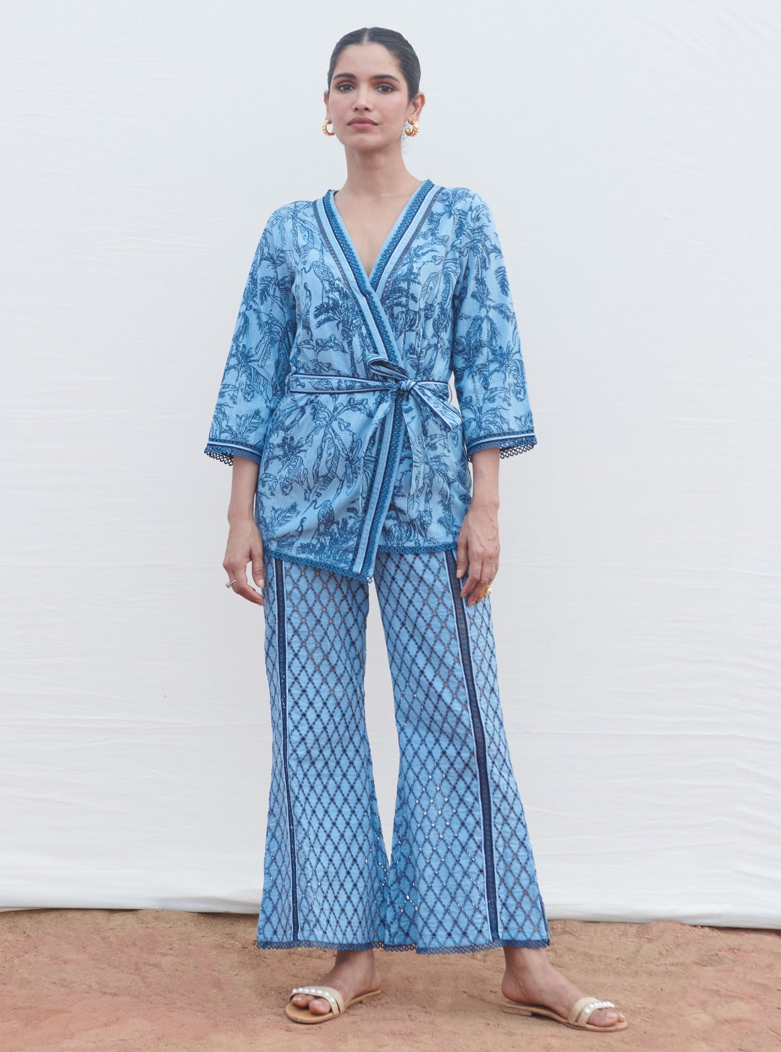 Mulmul Denim Attina Light Blue Kaftan With Attina Light Blue Pant