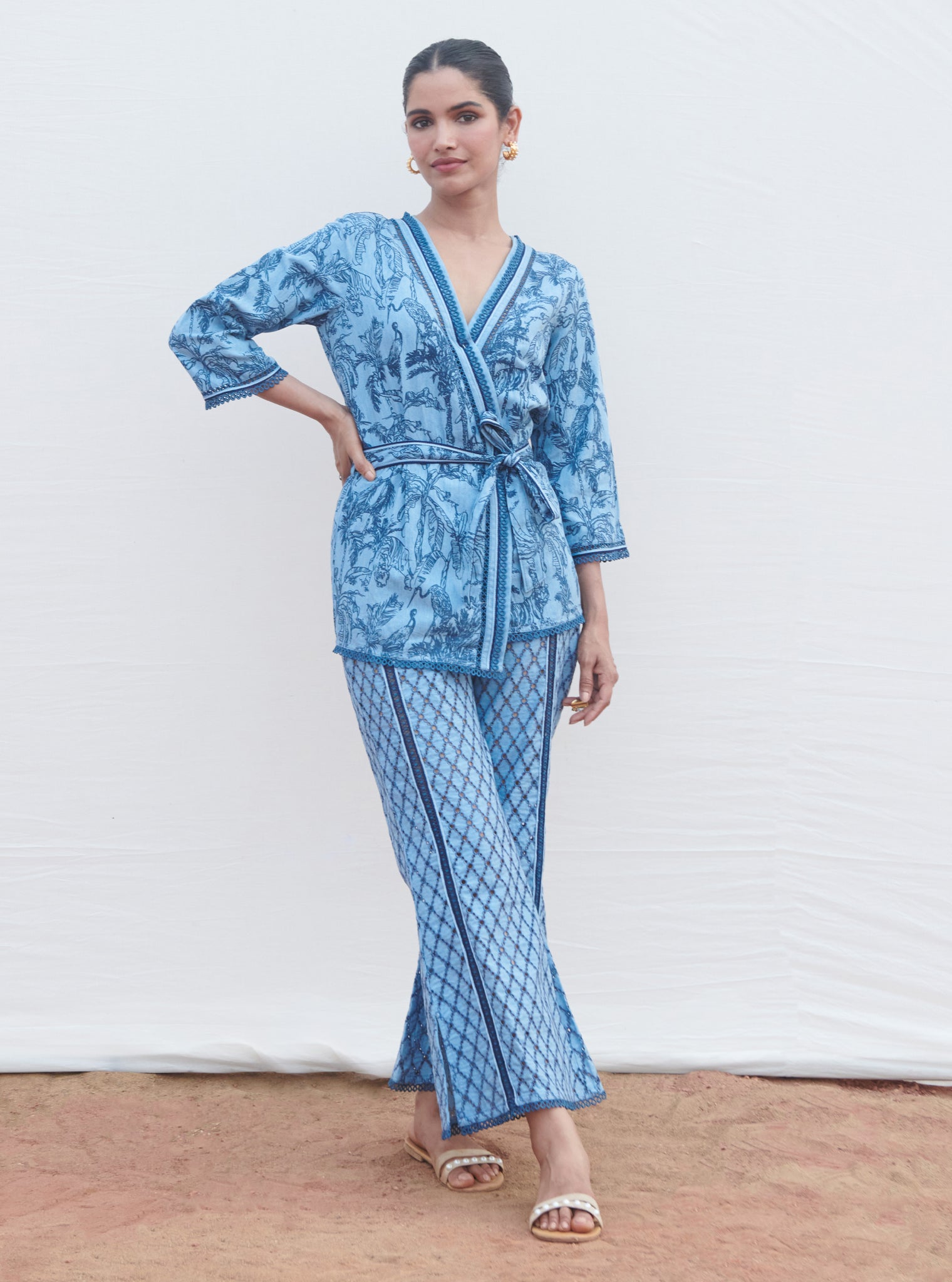 Mulmul Denim Attina Light Blue Kaftan With Attina Light Blue Pant