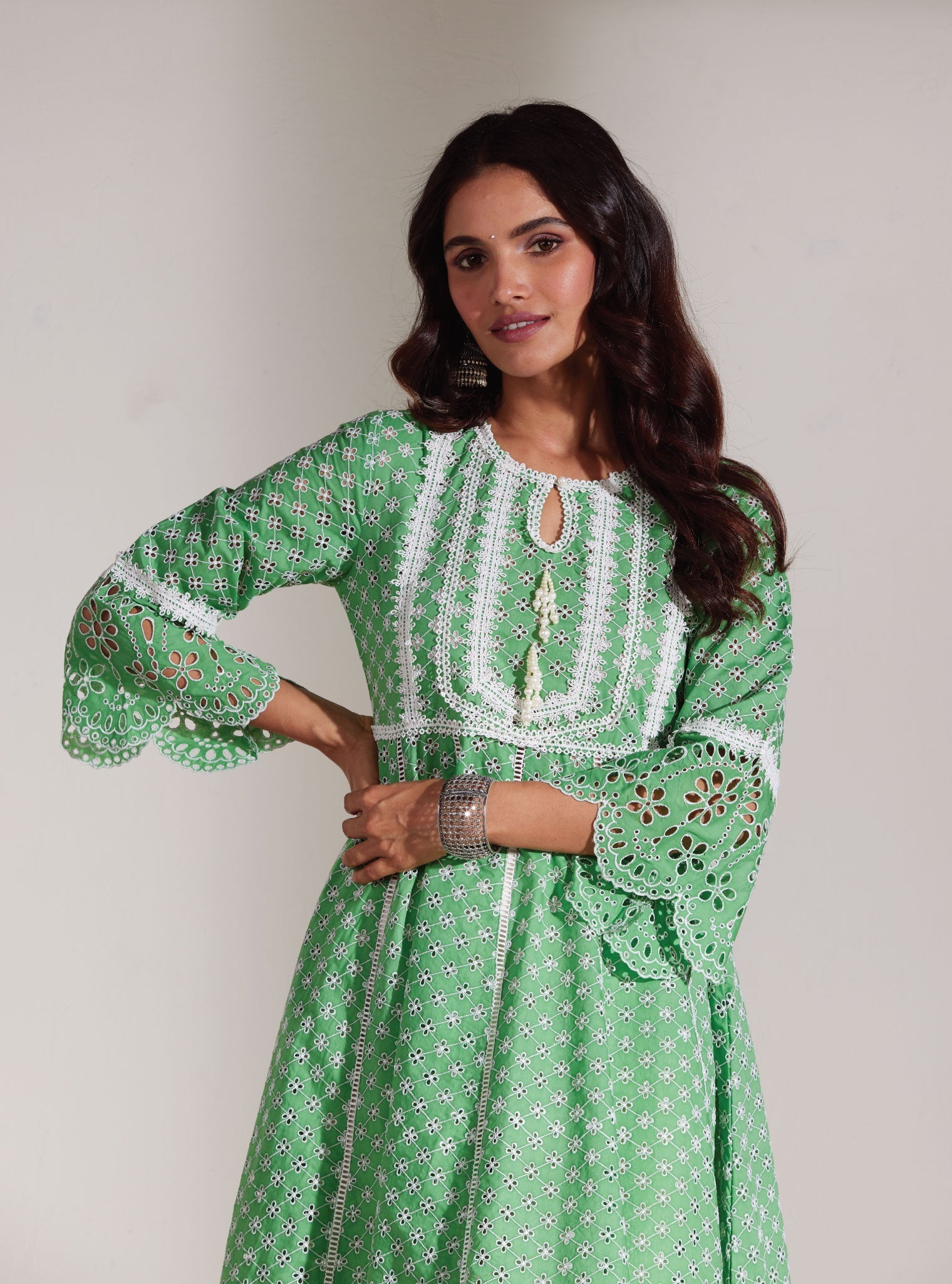 Mulmul Cotton Arris Green Anarkali  Kurta