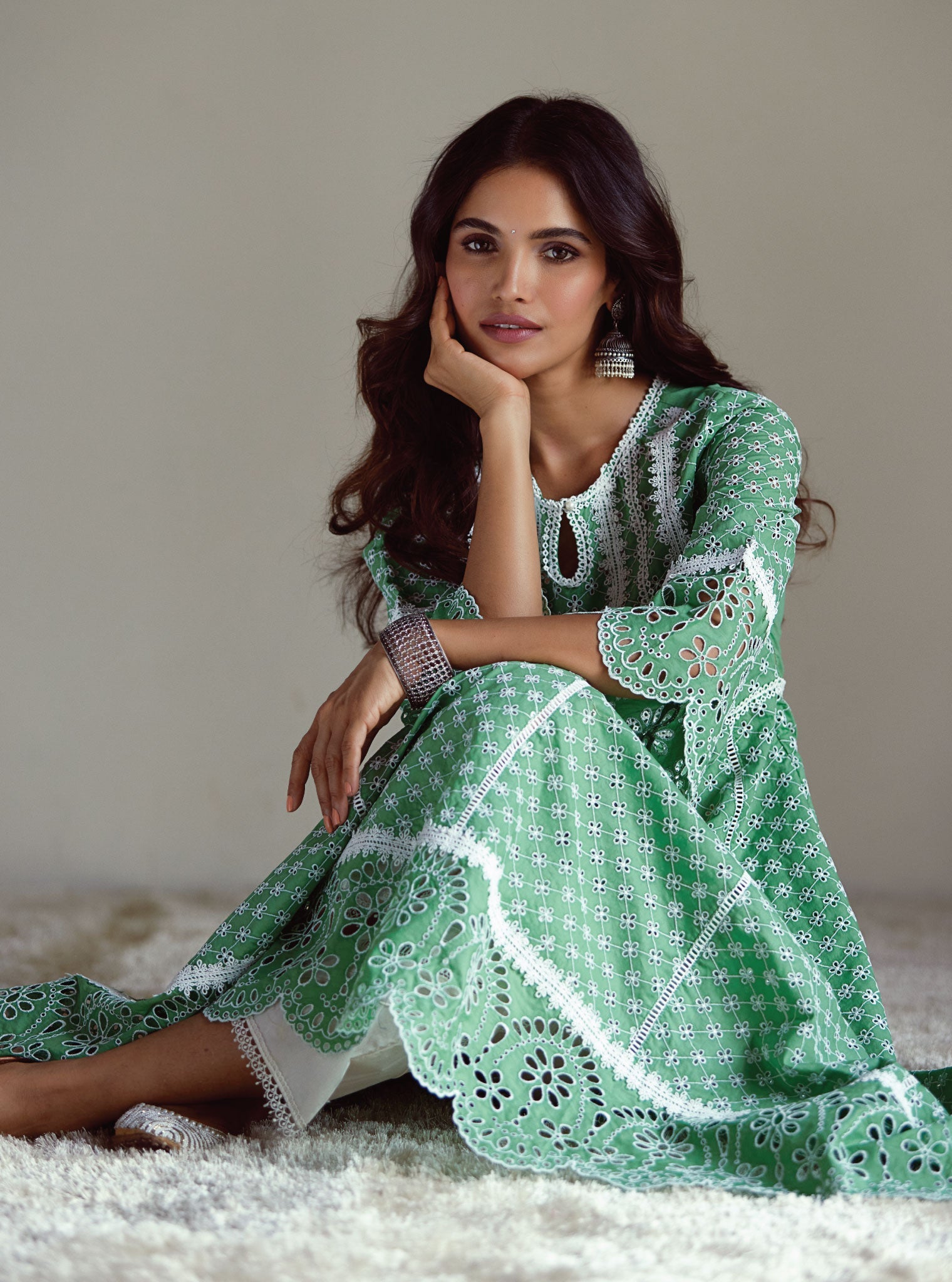 Mulmul Cotton Arris Green Anarkali  Kurta