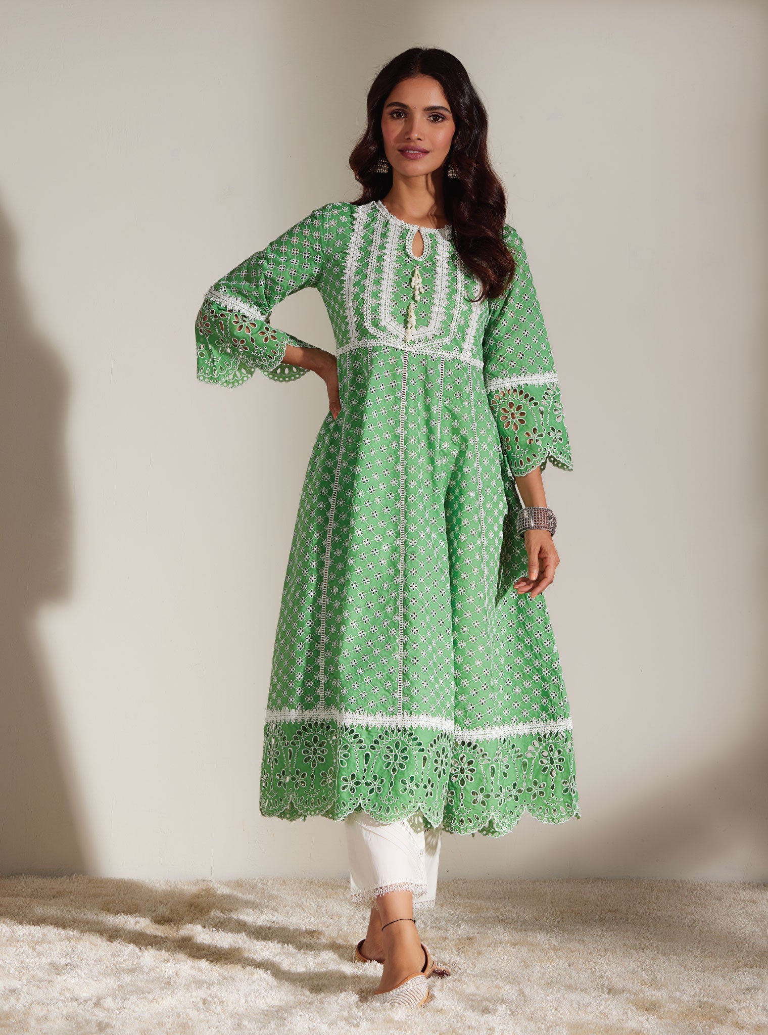 Mulmul Cotton Arris Green Anarkali  Kurta With Diagonal Pintuck White Pant