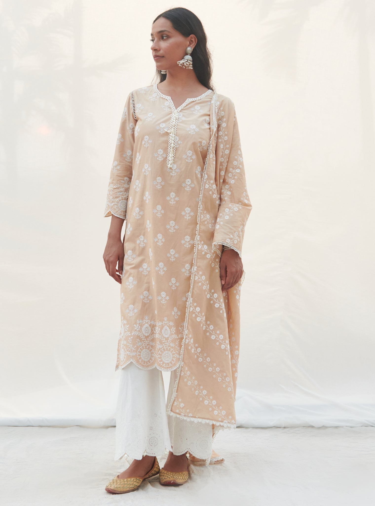 Mulmul Cotton Arpora Beige Kurta With Arpora White Pant