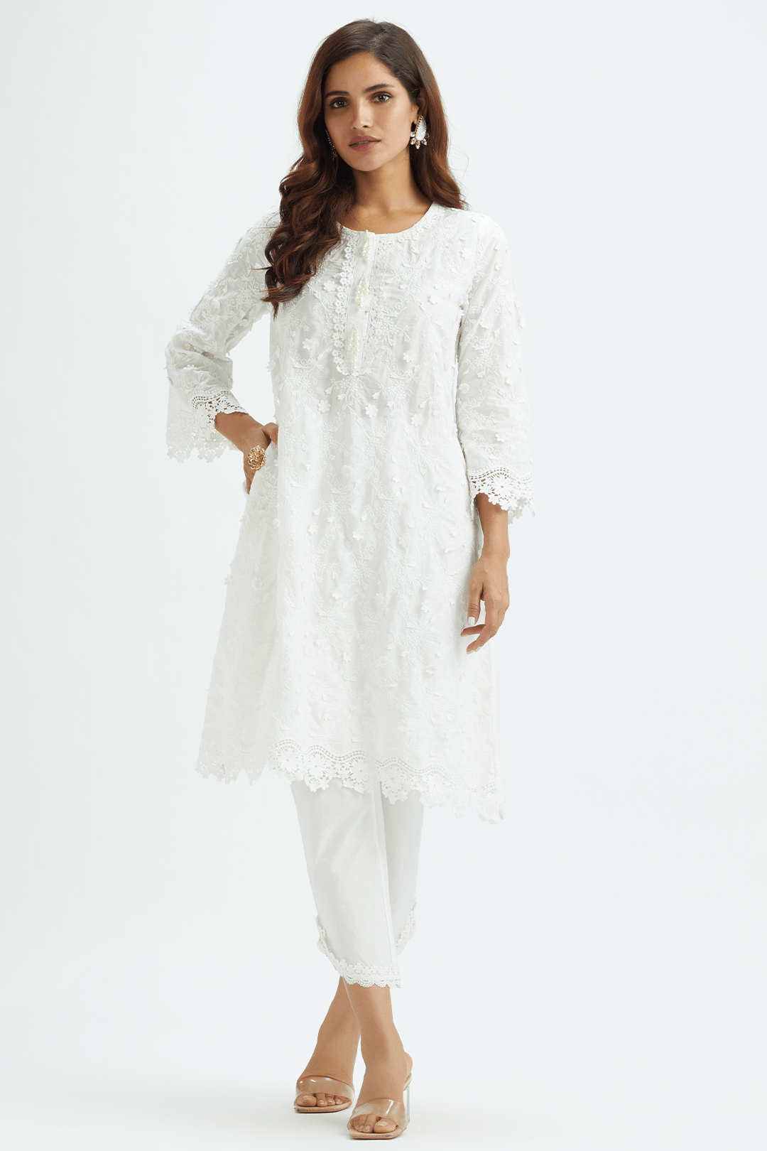 Mulmul Cotton BayBreeze White Kurta With Rounded Hem Pyajama White