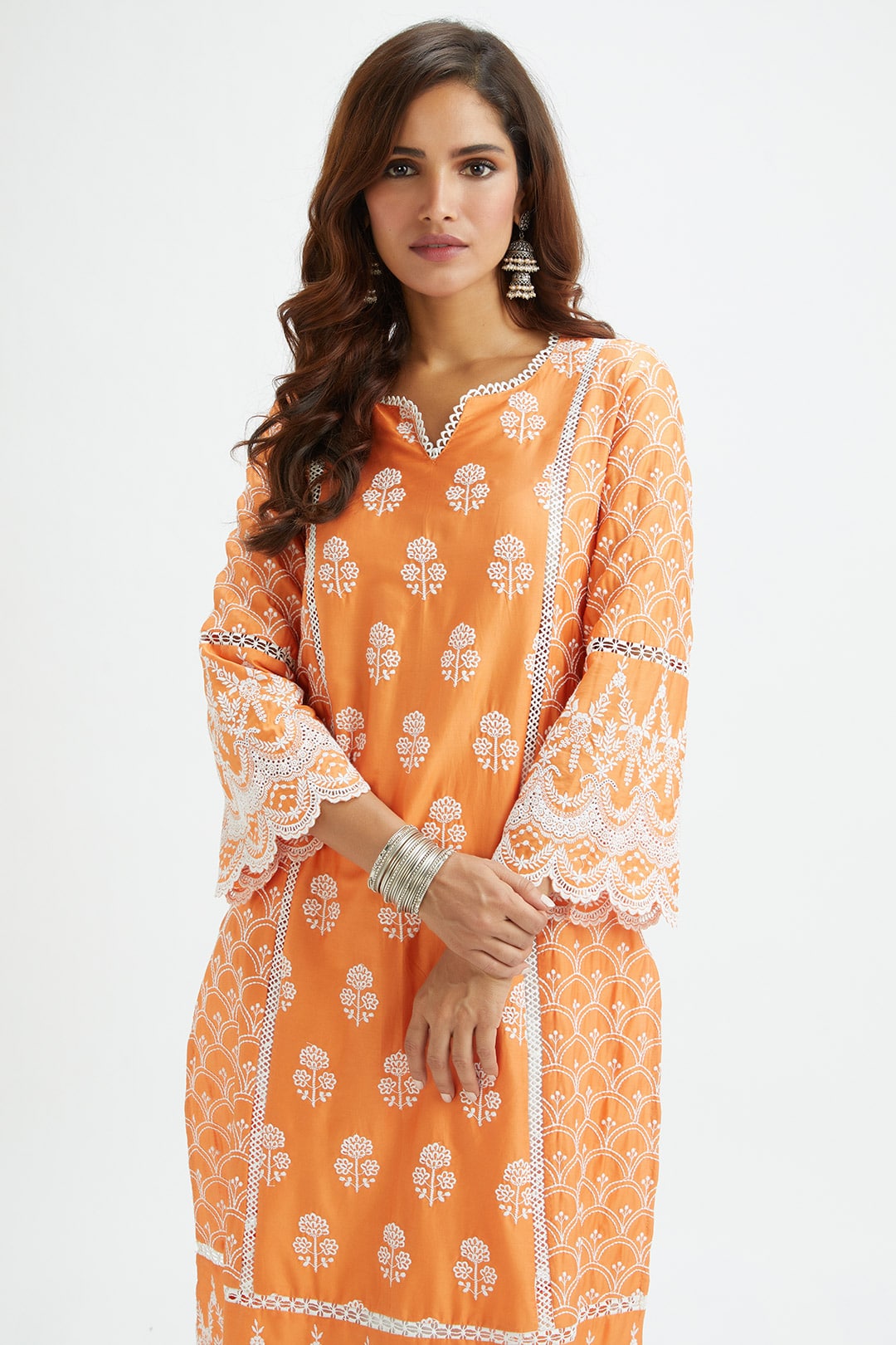 Mulmul Supima satin Blair Kurta With Applique Embroidered Pant