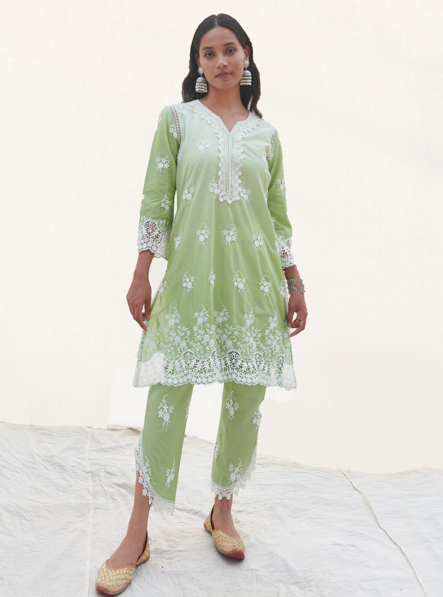 Mulmul Cotton Chapoli Green Kurta With Chapoli Green Pant